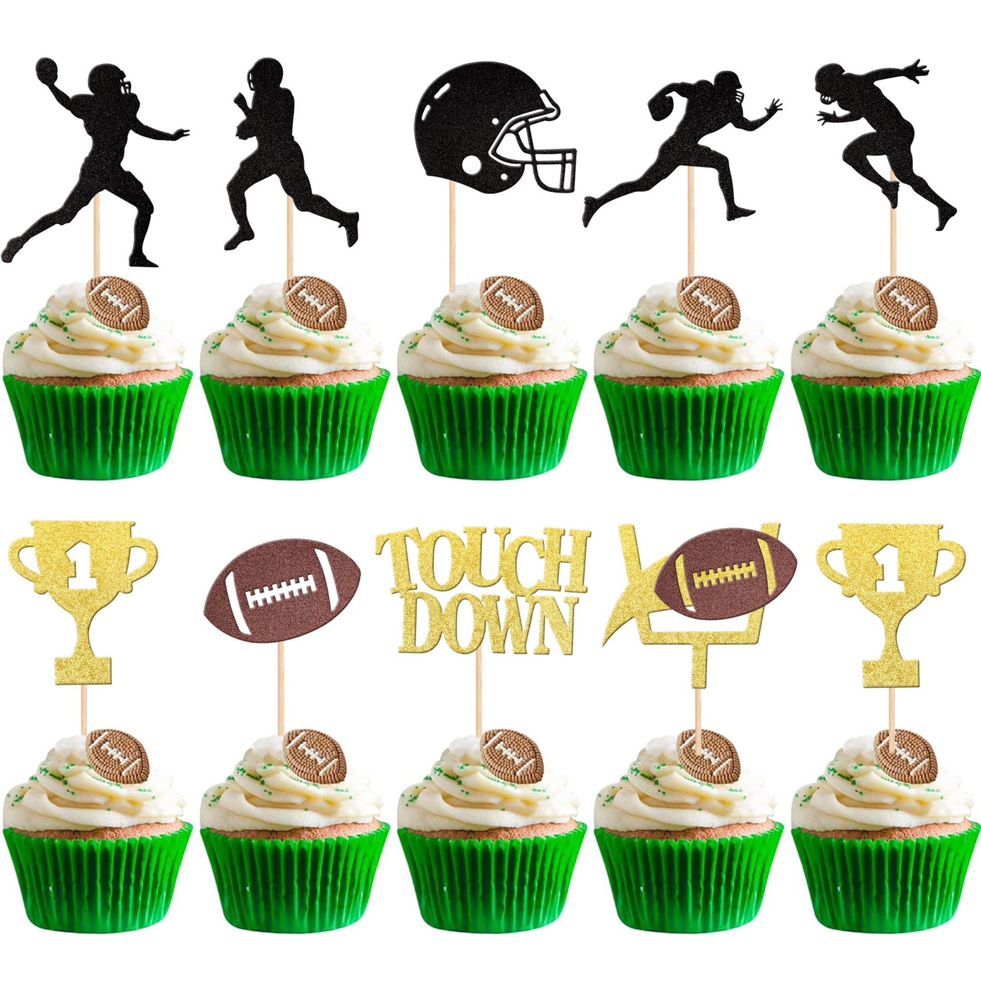 ZHUOWEISM 24 PCS Cupcake Toppers, Glitter Football & Rugby Ball, Small Size, Design 7, Bamboo Material for Parties & Celebrations
