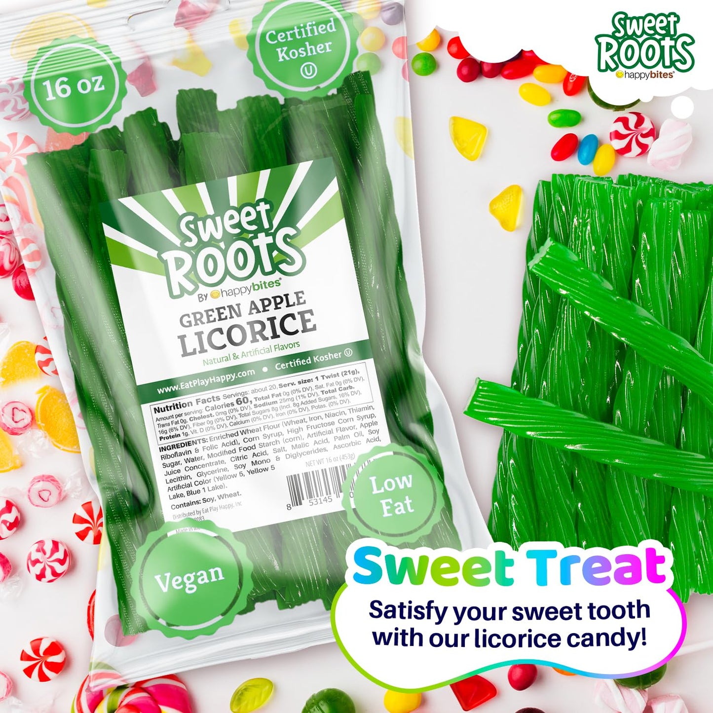 Sweet Roots Green Apple Licorice Twists (16 Oz / 1 Bag) - Jumbo Size - Made With Real Fruit Juice Concentrate - Certified Kosher