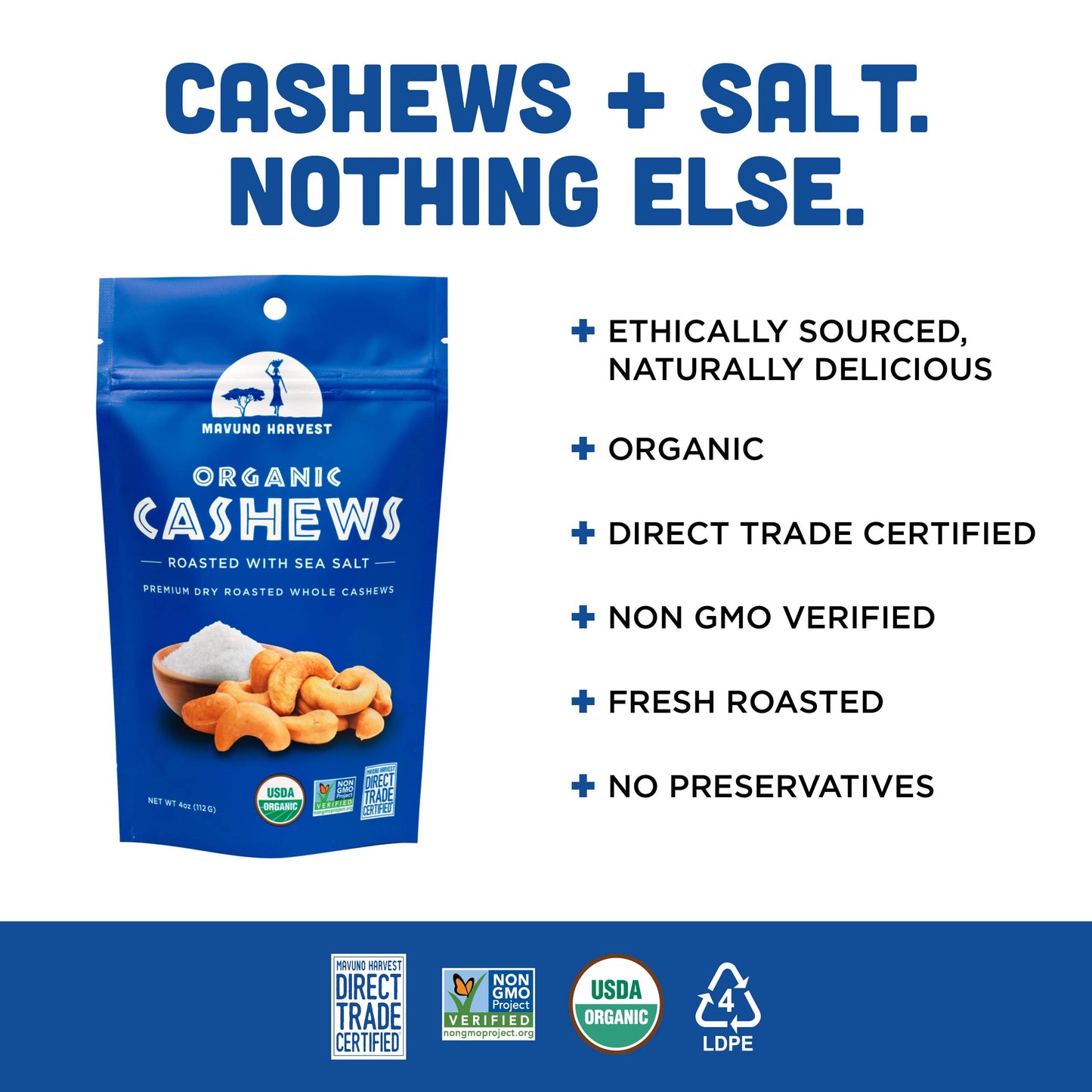 Mavuno Harvest Organic Roasted Cashews With Sea Salt | Dry Roasted Whole Cashew Nuts | Vegan, Non Gmo Healthy Snacks For Kids And Adults | Office Friendly Work Snack | 4 Ounce, Pack Of 3