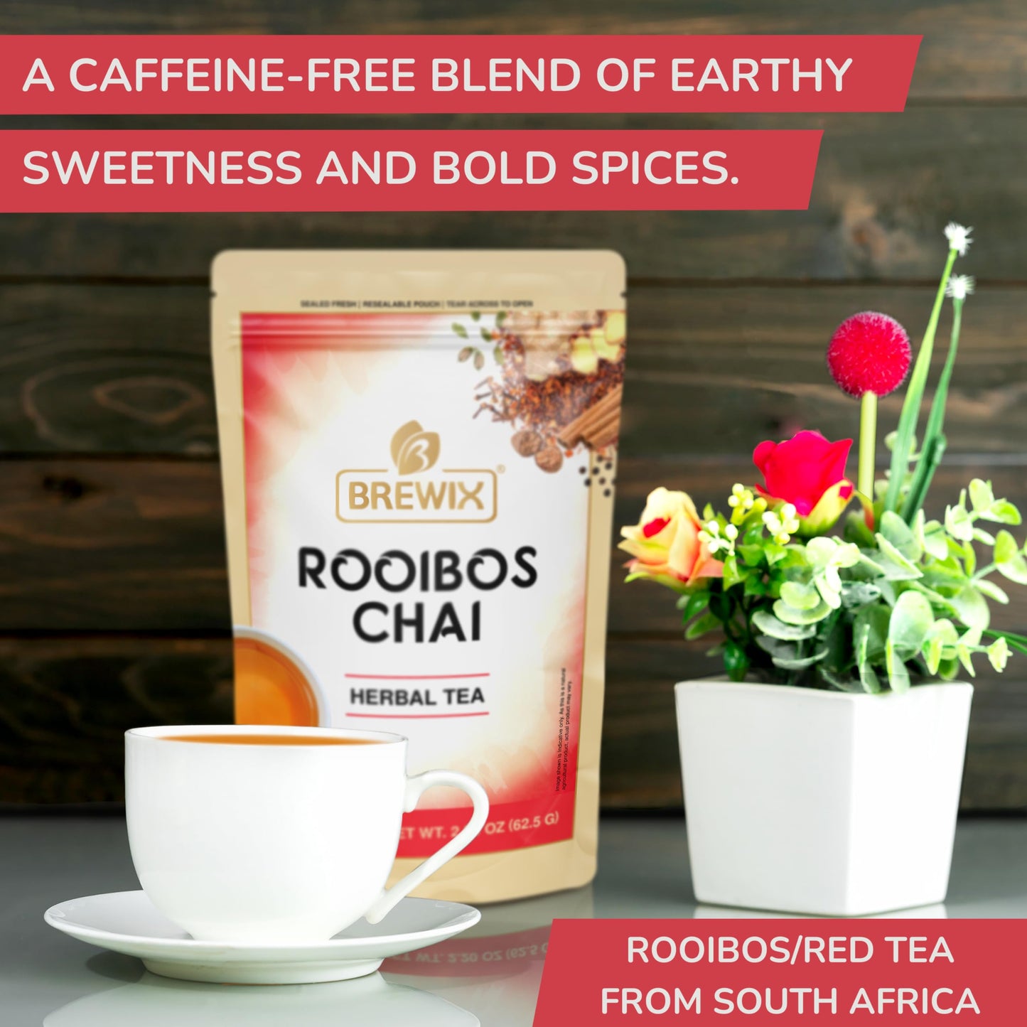 BREWIX Rooibos Chai Tea Bags, Caffeine-Free Herbal Tea, 25 Pyramid Bags