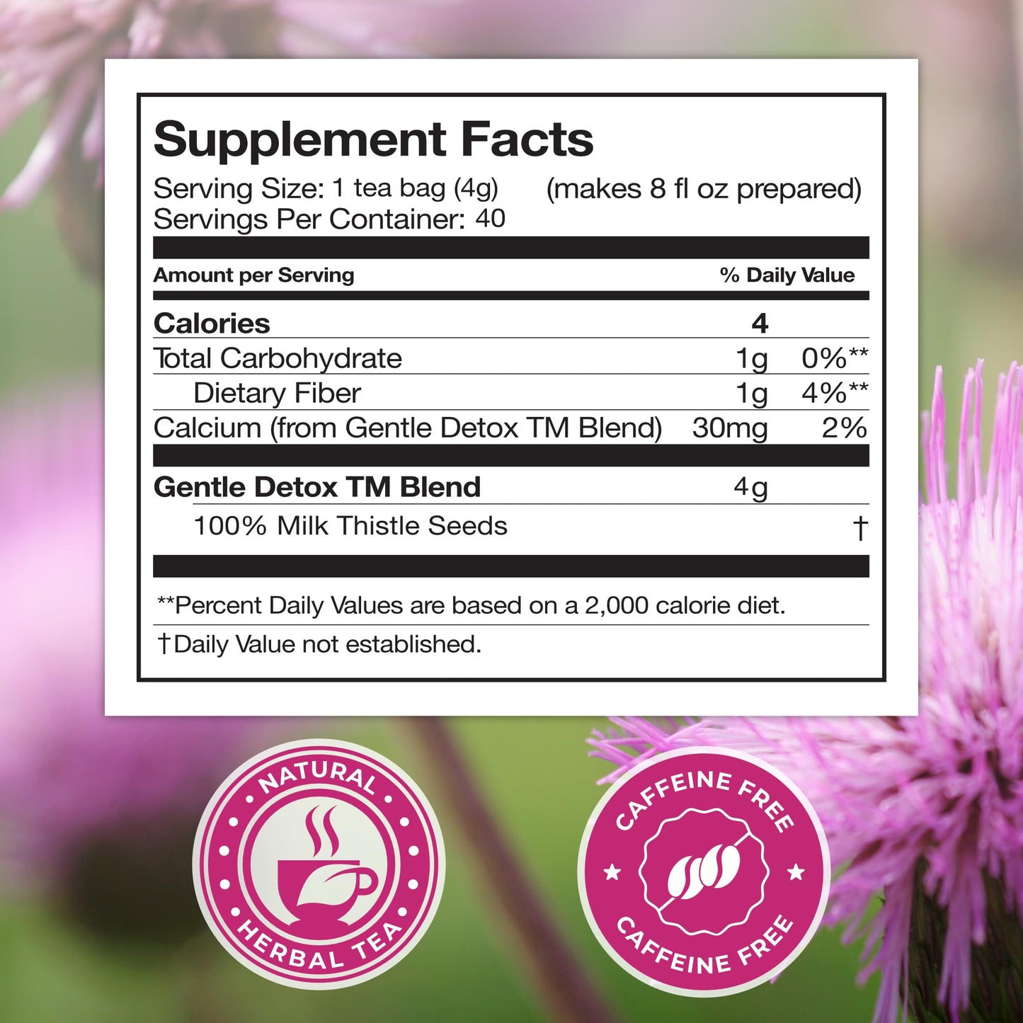 Total Tea 100% Natural Milk Thistle Seeds Tea For Liver Cleanse, Detox, Digestive Health And Immune System - 40 Tea Bags (Packag