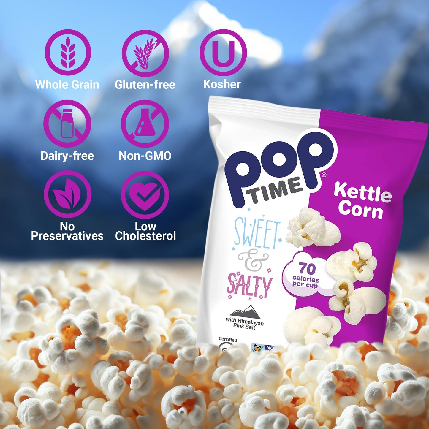 Poptime Kettle Cooked Popcorn - Sweet & Salty, 7Oz Bags (Pack Of 12), Non-Gmo, Gluten Free, Dairy Free, Kosher, Whole Grain, Low