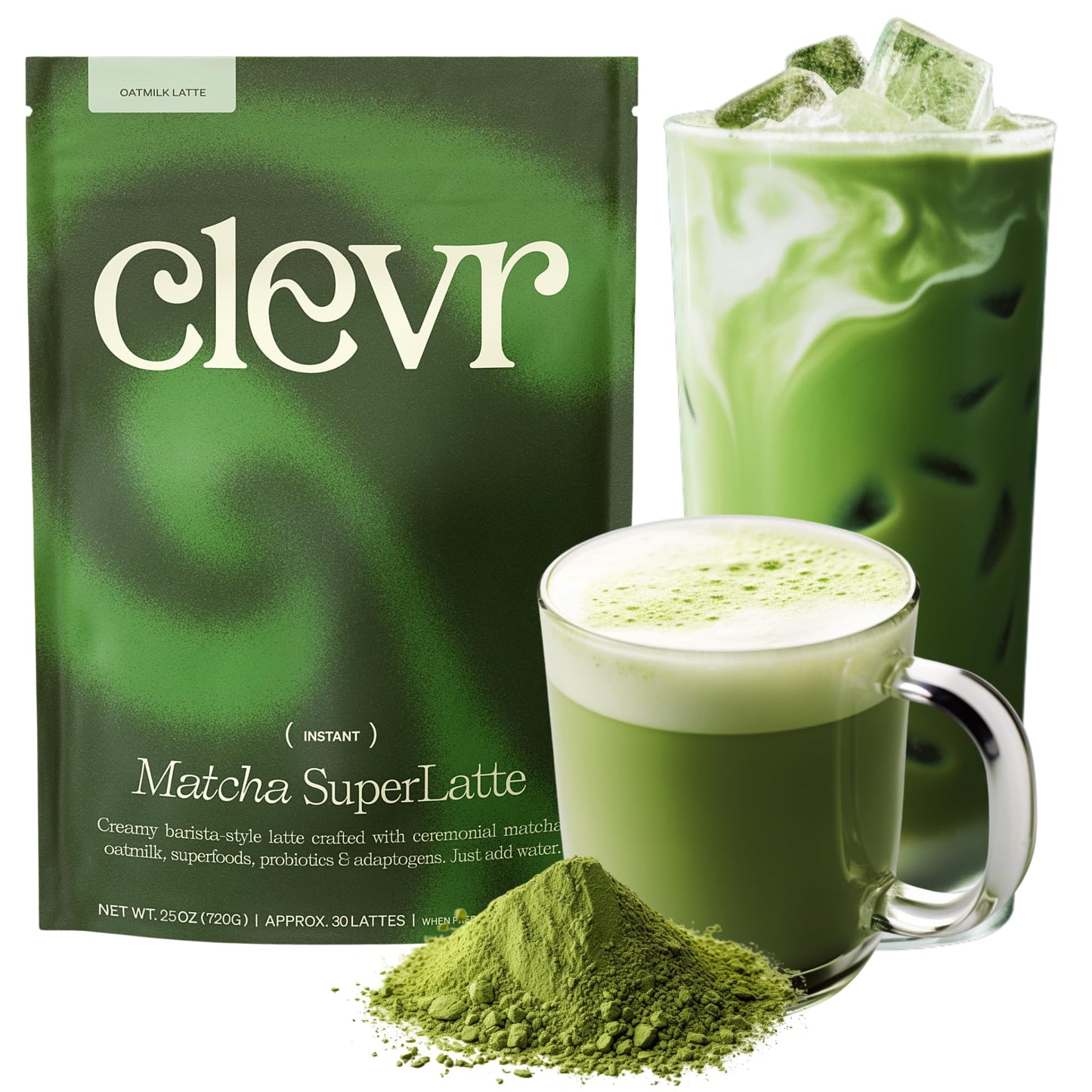 Clevr Blends Organic Matcha Green Tea Latte  Instant Ceremonial Grade  Superfood Powder Blend with Oat Milk  Lions Mane  Reishi Mushroom  Coconut Cream  Ashwagandha  Serve Hot or Iced  (30 Lattes)