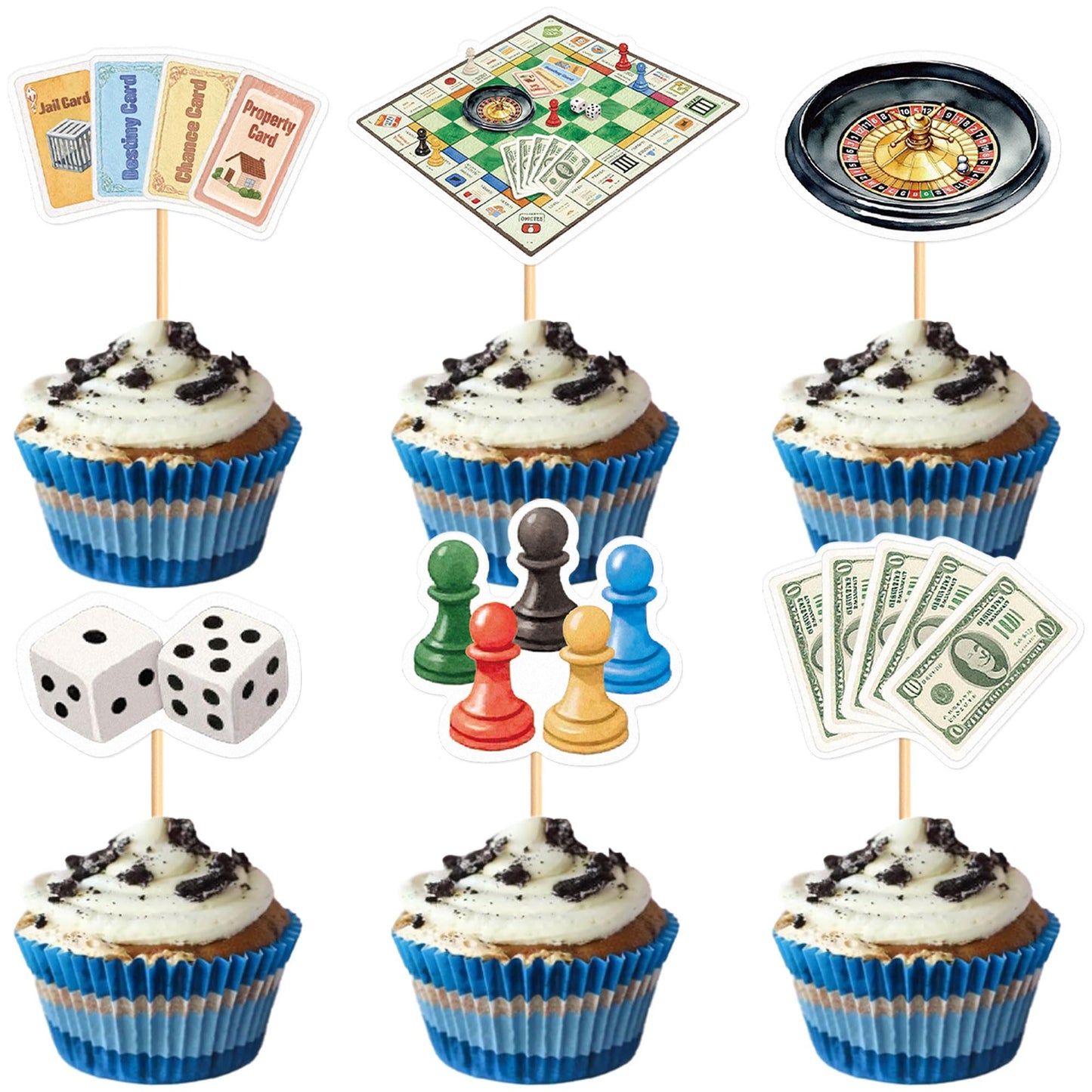 Cyodoos 24Pcs Board Game Cupcake Toppers Boy Girl Birthday Party Decorations Richman Game Party Decorations Kids 18+ Uses Birthday Party Supplies