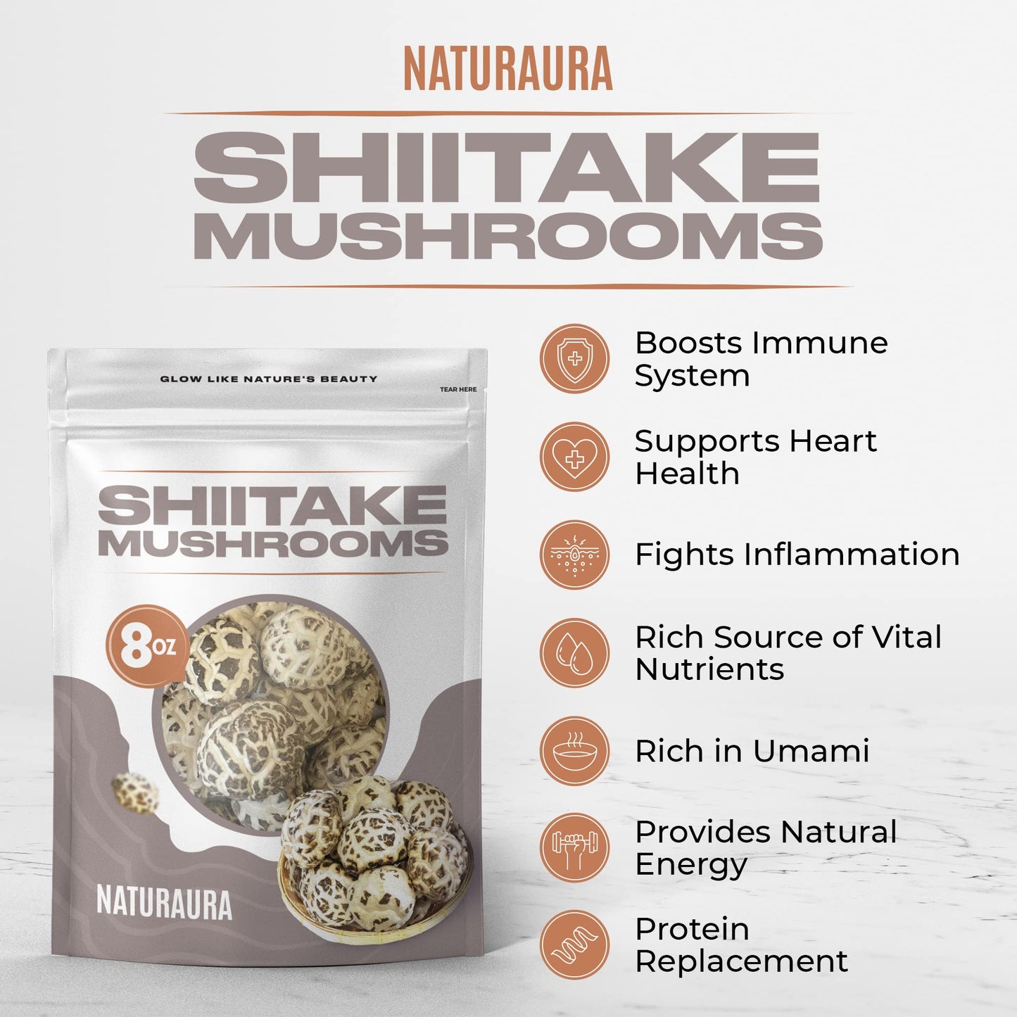NATURAURA Dried Shiitake Mushrooms - 16 oz, Vegan, Gluten-Free, Keto Friendly, Whole White Flower, Grade AAA