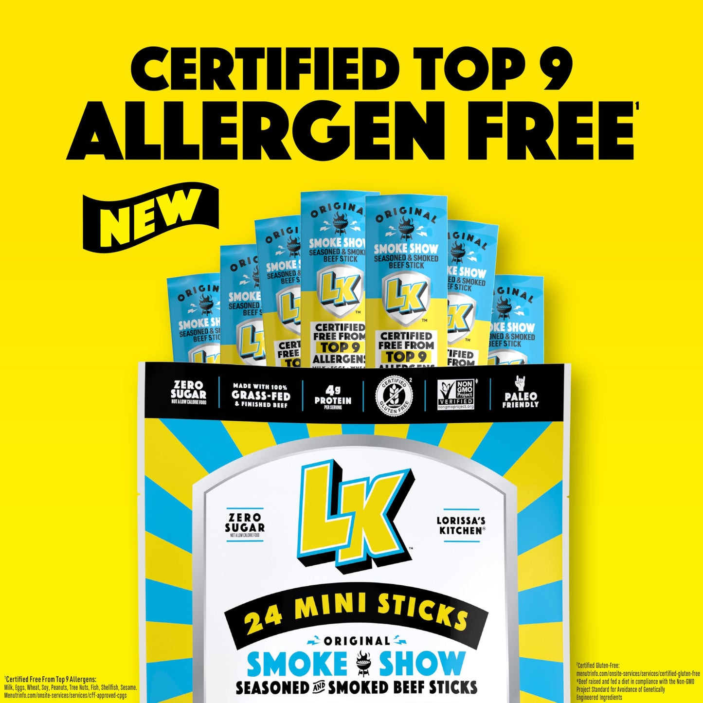 Lorissas Kitchen Beef Jerky Mini Sticks  enhanced Grass Fed & Finished  Original Smoke Show Flavor - 4g Protein  Stocking Stuffers  Free from Top 9 Allergens  Non-GMO  Gluten-Free  0.5 Oz (24 Count)
