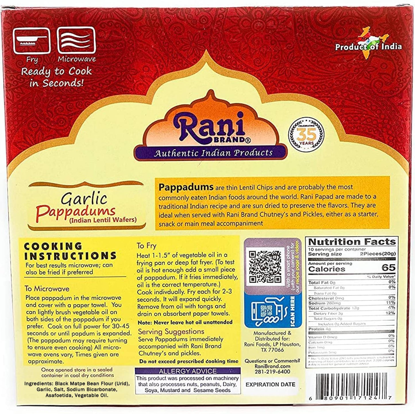 Rani Pappadums (Indian Lentil Wafer Snack) Garlic Papad 7Oz (200G) Approximately 15Pc, 7 Inches ~ All Natural | Gluten Friendly