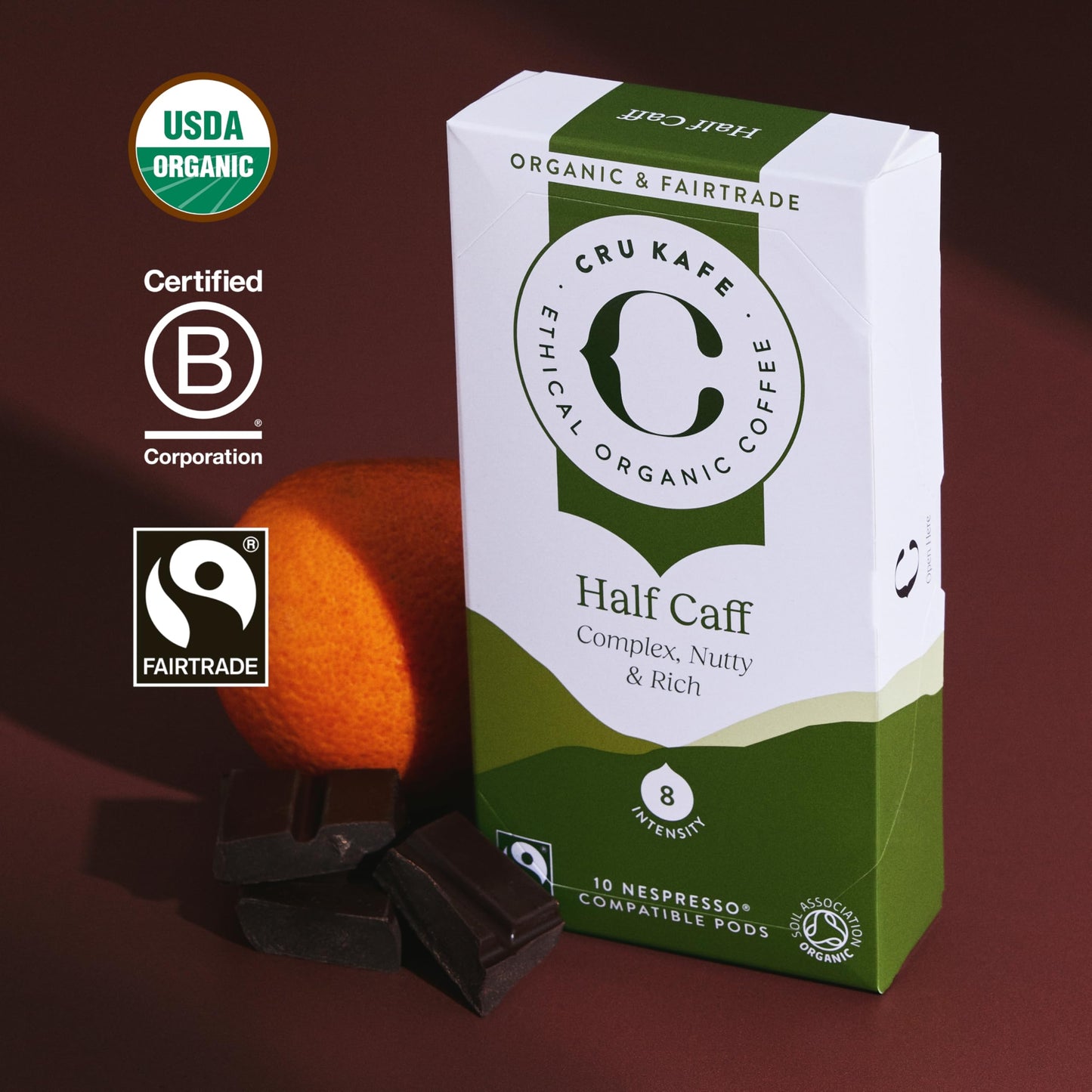 Cru Kafe USDA Organic Half Caff Espresso Coffee Capsules (50 Pods) Fairtrade Coffee Pods Compatible with Nespresso Original Line and Pixie Machines
