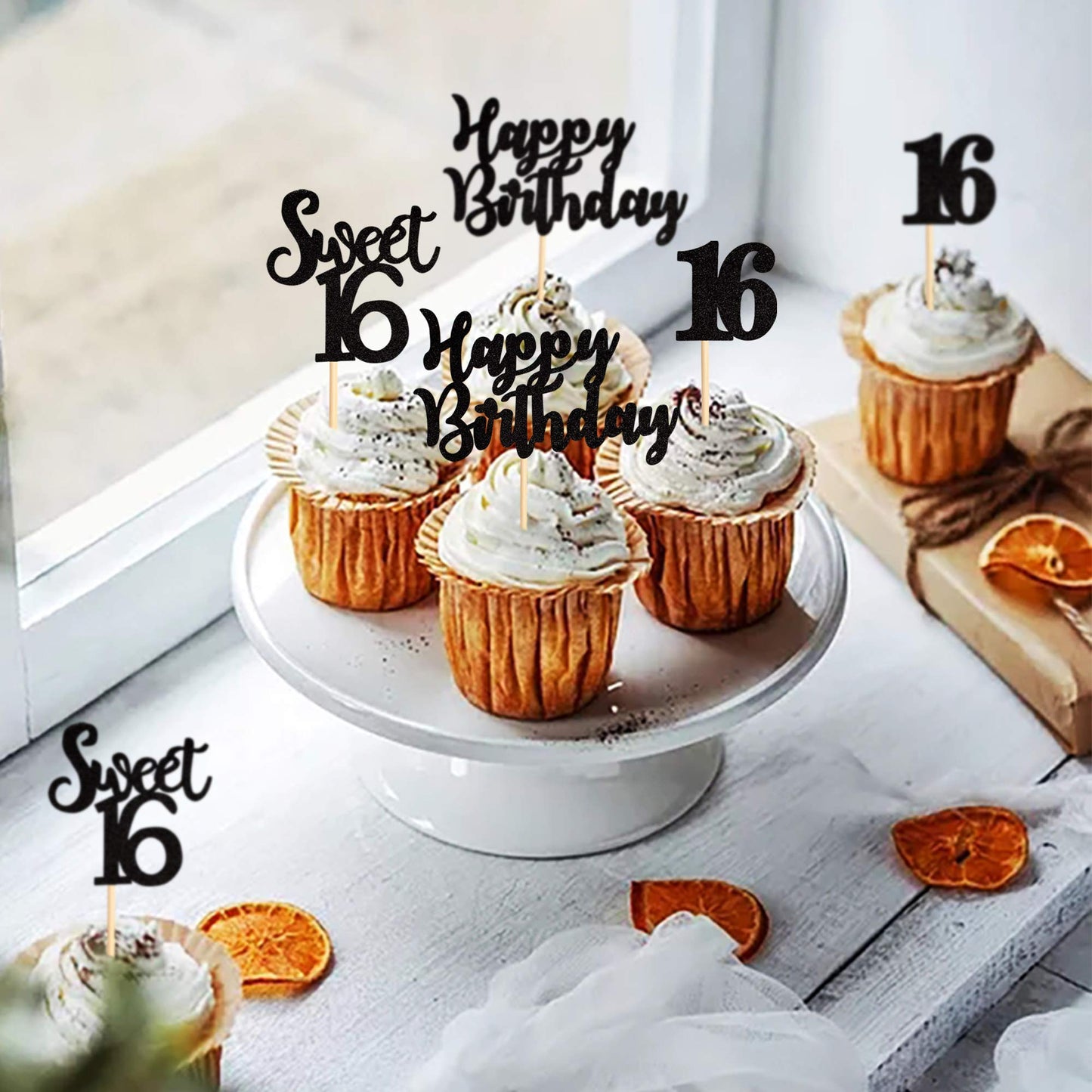 Ercadio 36 Pack Black Sweet 16 Cupcake Toppers Sixteen Happy Birthday Cake Picks Decorations For 16Th Birthday Party Supplies