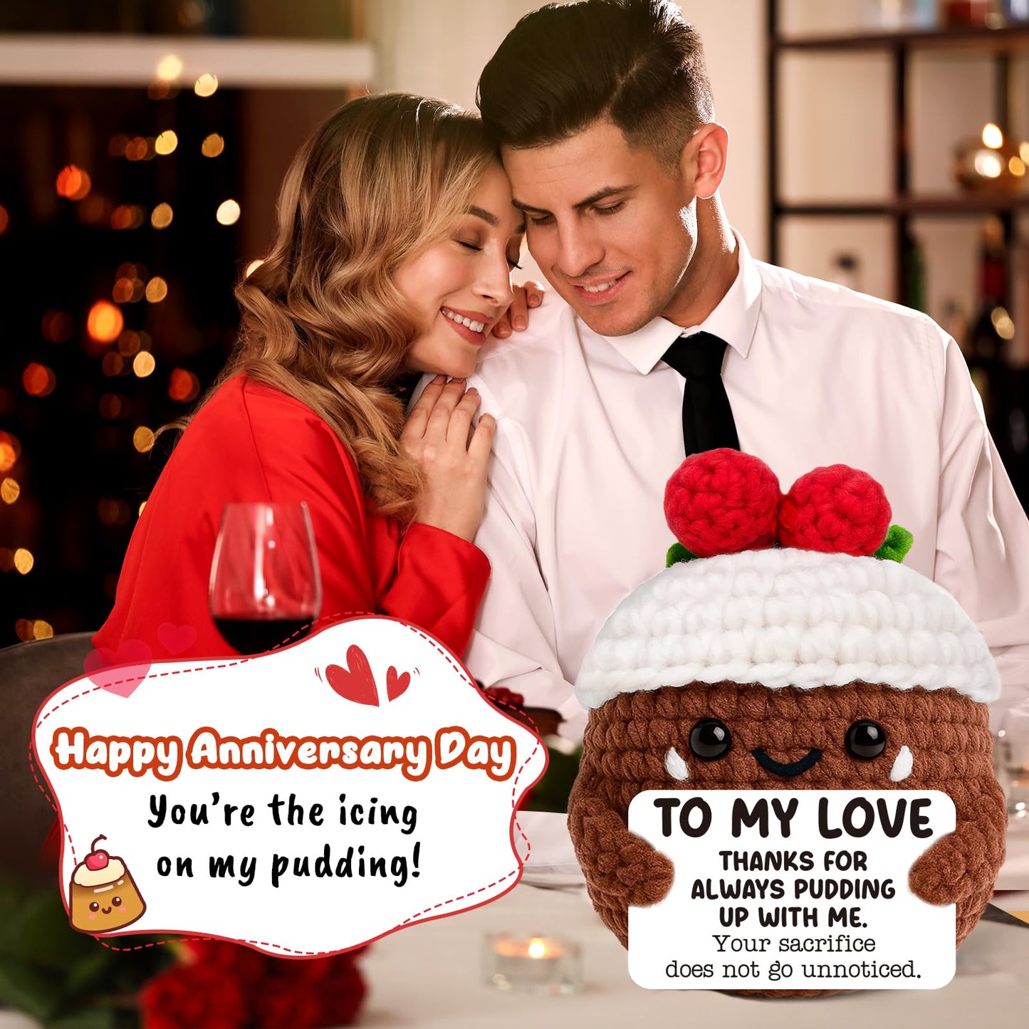 AVBODA Handmade Crochet Pudding Gift for Him Her, Brown White, X-Small, Perfect for Anniversary, Birthday, Valentines, Wedding