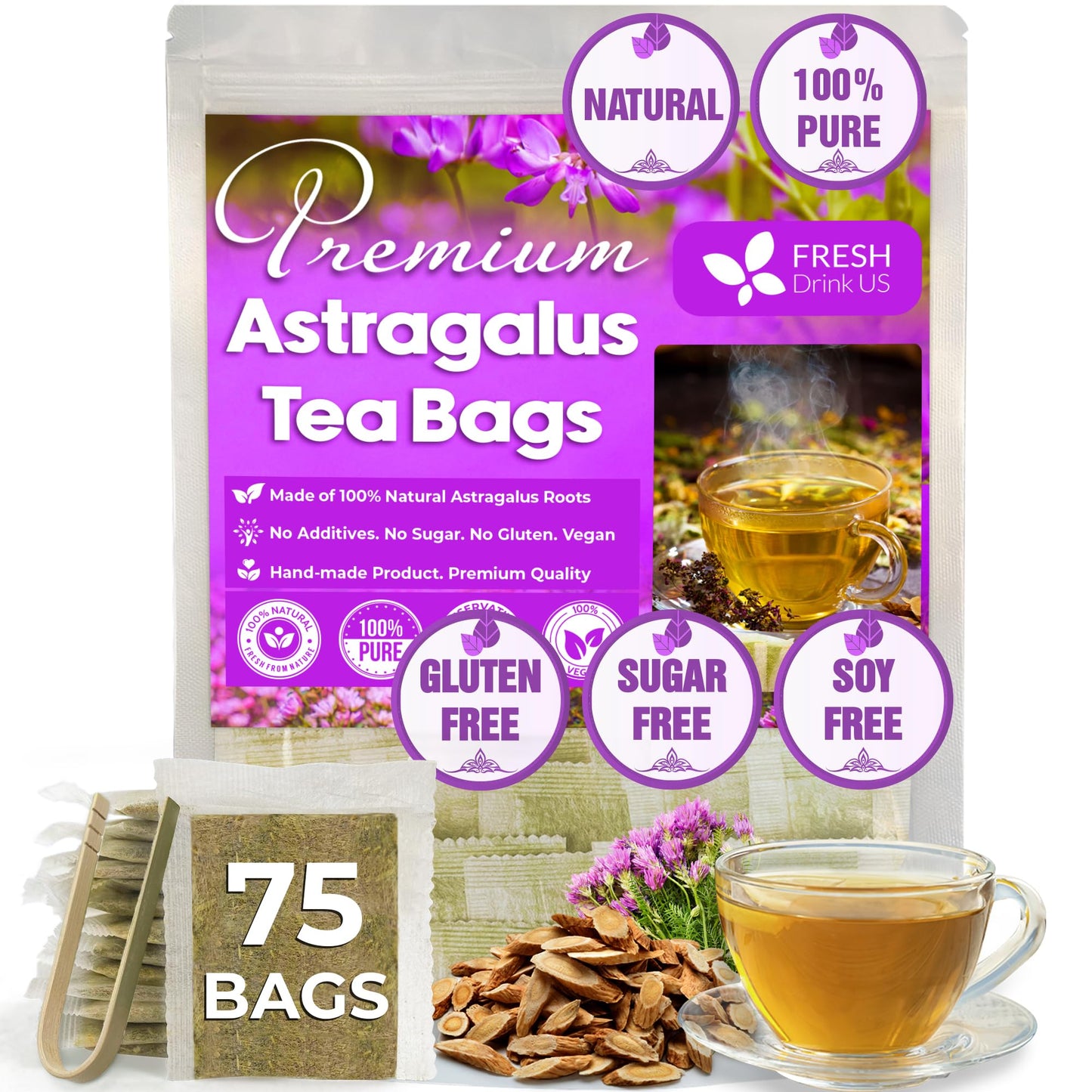 FRESHDRINKUS Astragalus Root Herbal Tea Bags, 100% Natural, Vegan, 75 Tea Bags