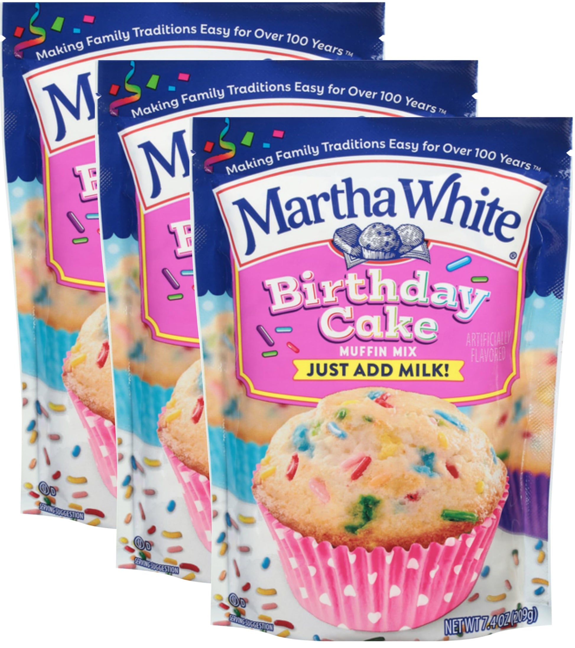 Martha White Birthday Cake Muffin Mix, 7.4 oz, Pack of 3, Perfect for Baking