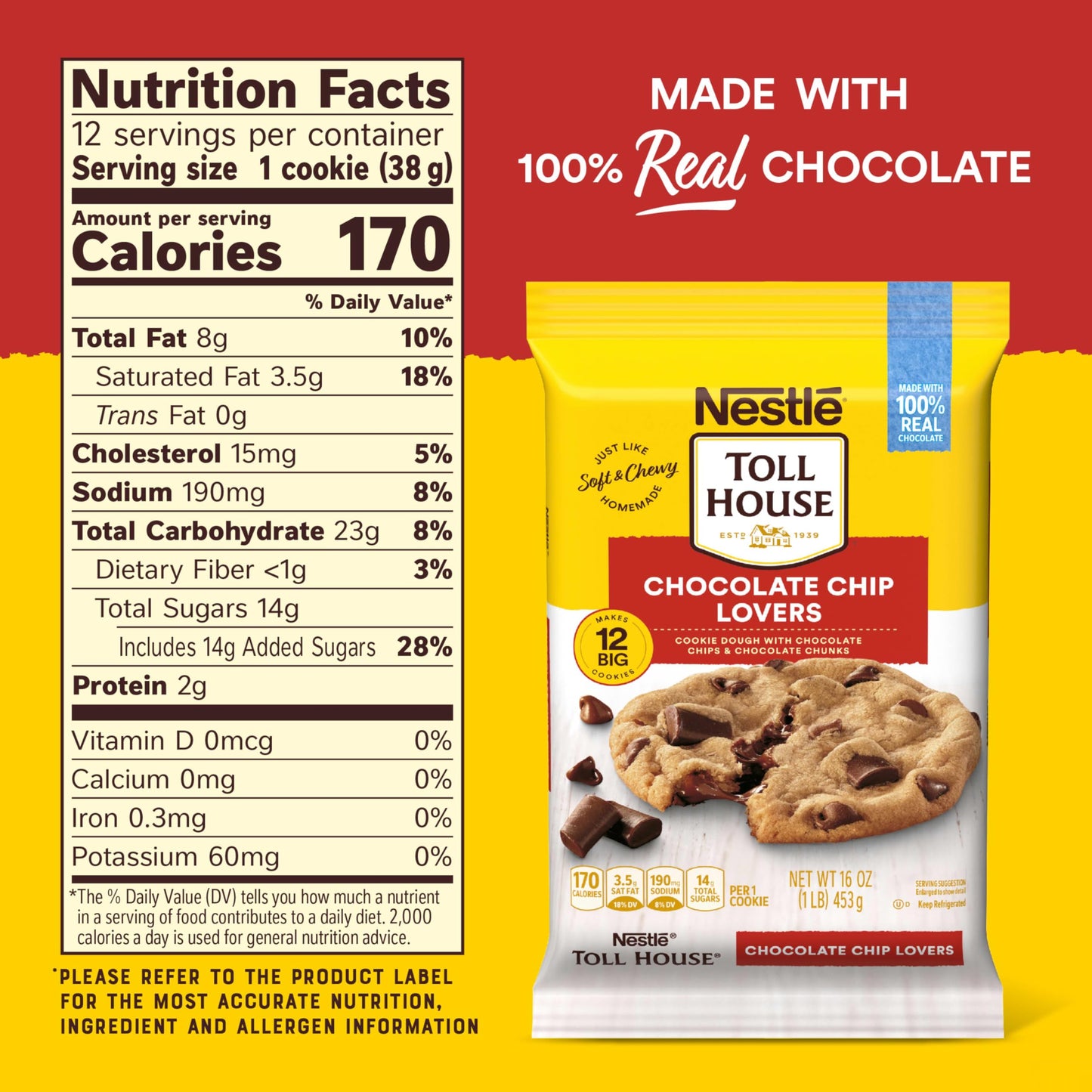 Nestle Toll House Chocolate Chip and Chocolate Chunk Cookie Dough with 100% Real Chocolate Chips - 12 Big Ready to Bake Chocolat