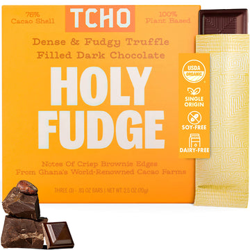 Tcho Holy Fudge Dark Chocolate Bars (1 Pack) | Single Origin, Plant Based, Organic & Fair Trade, | Non Gmo, Non-Dairy, Vegan, So