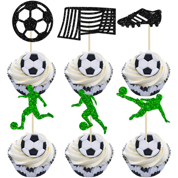 Gyufise 24Pcs Soccer Cupcake Toppers - Glitter Football Decorations For Sports Theme Parties & Cake Designs