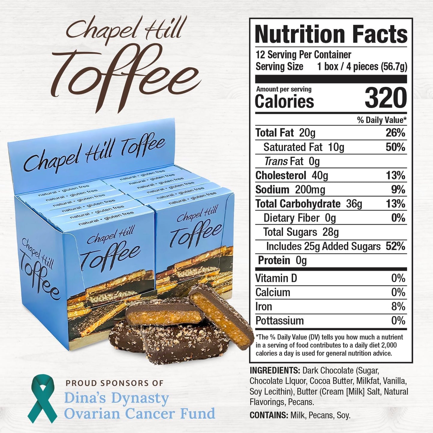 Chapel Hill Toffee Dark Chocolate Covered Pecan Toffee Squares, Gluten Free, 2 Ounces (Pack of 12)