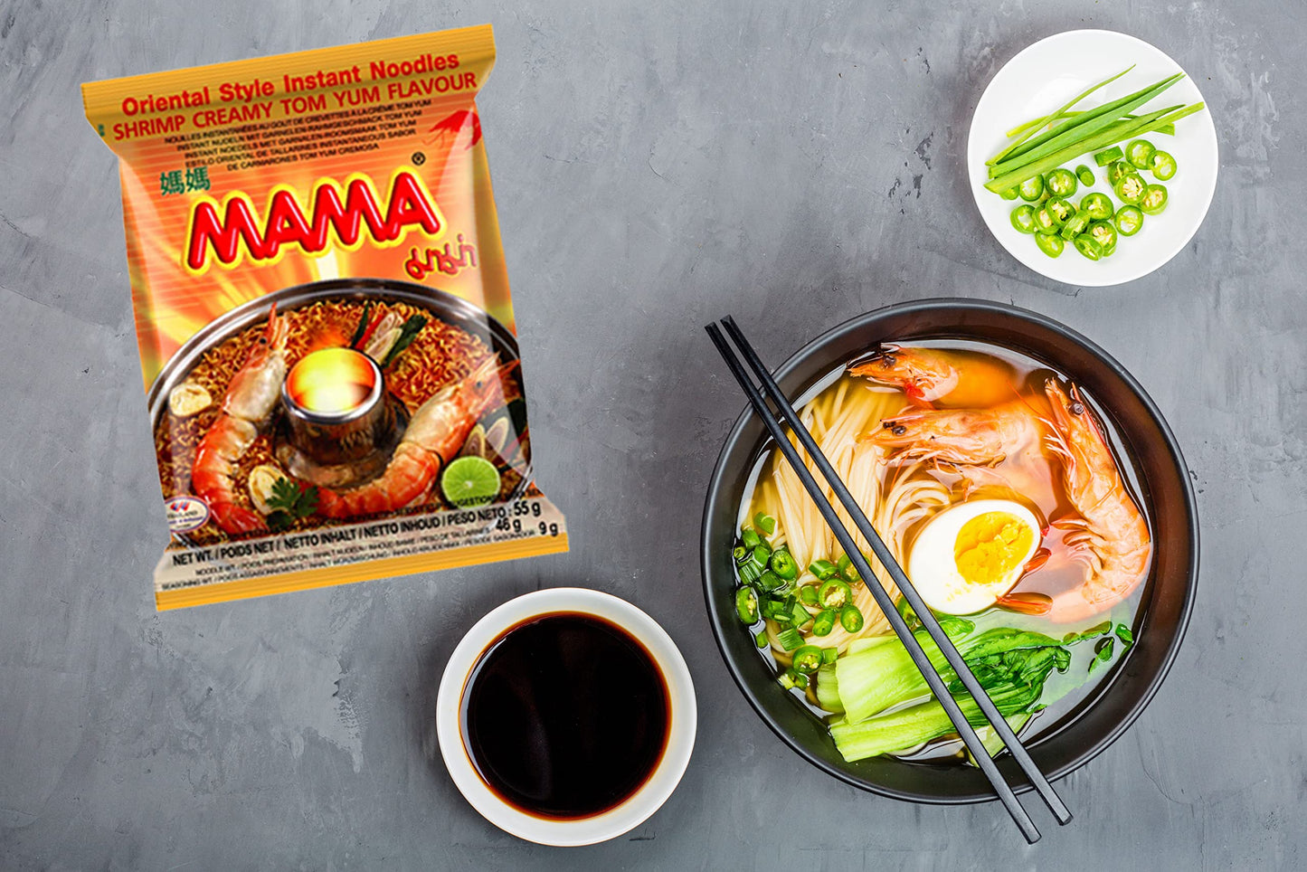 Mama Ramen Style Instant Oriental Noodles Variety 30 Pack, Chicken, Pork, Creamy Shrimp