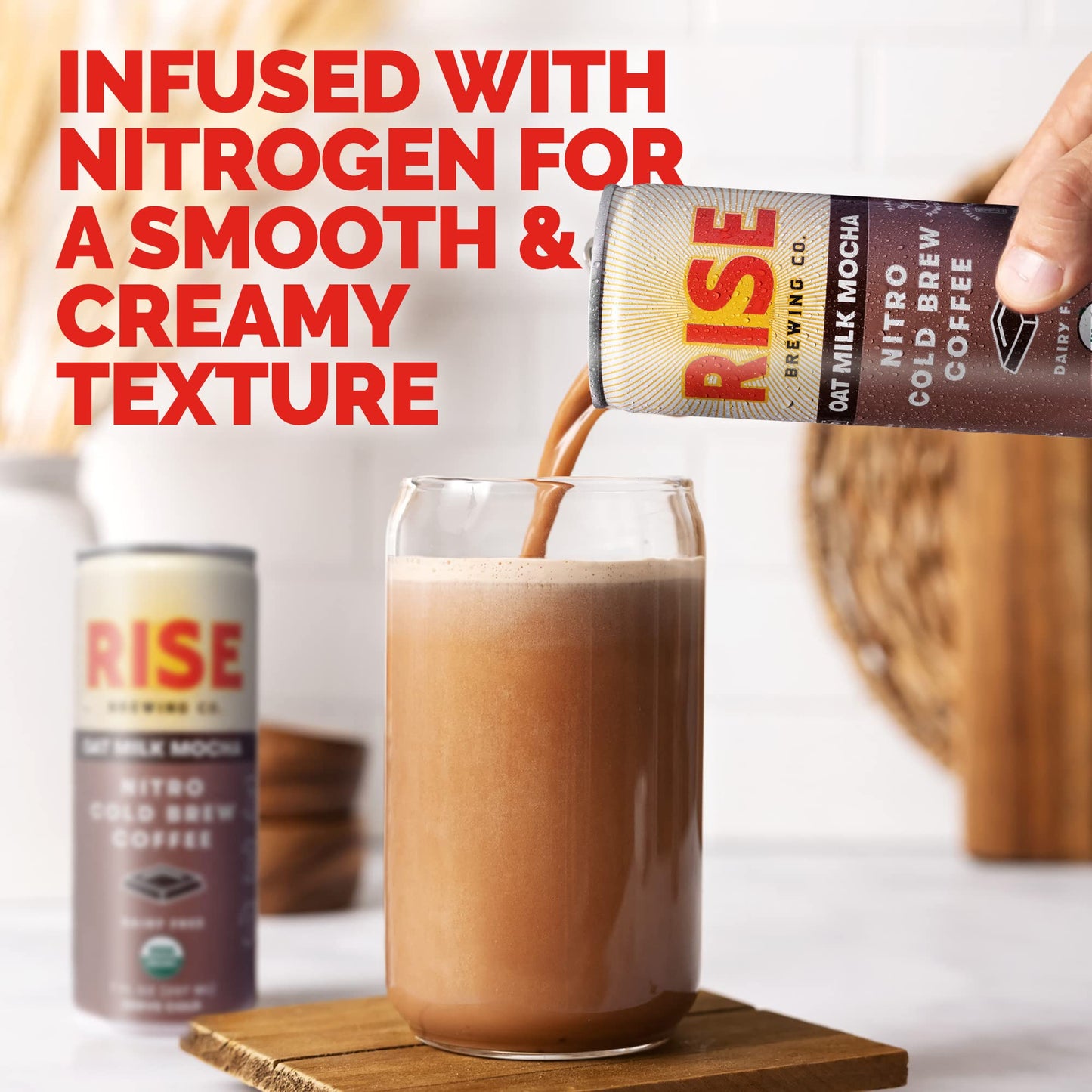 Rise Brewing Co. Oat Milk Mocha Nitro Cold Brew Latte, Vegan & Non-Dairy, Organic, Non-Gmo, Low Acidity, 7 Fl. Oz. Cans (12 Pack