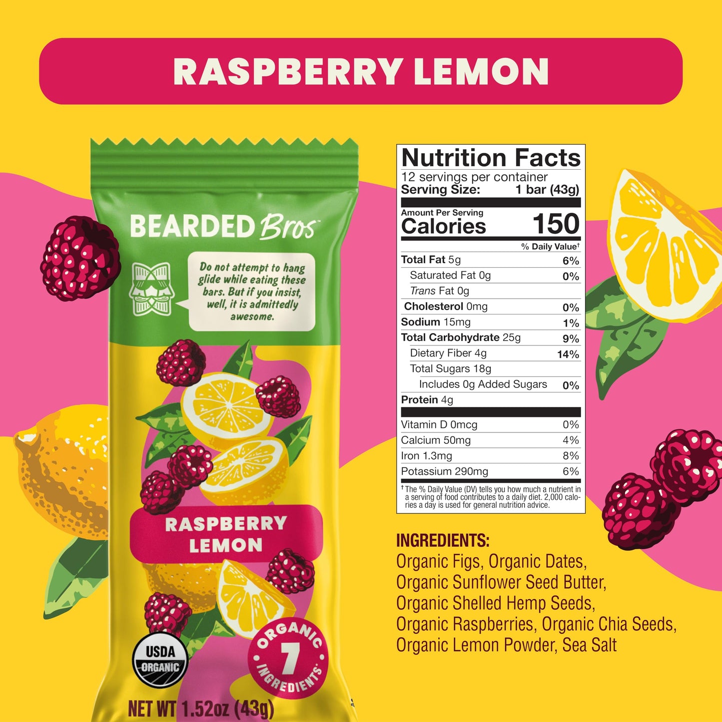 Bearded Brothers Vegan Organic Food Bar - Raspberry Lemon, 12 Pack, Gluten Free, Paleo, Non GMO, Soy Free, Low Glycemic, No Suga