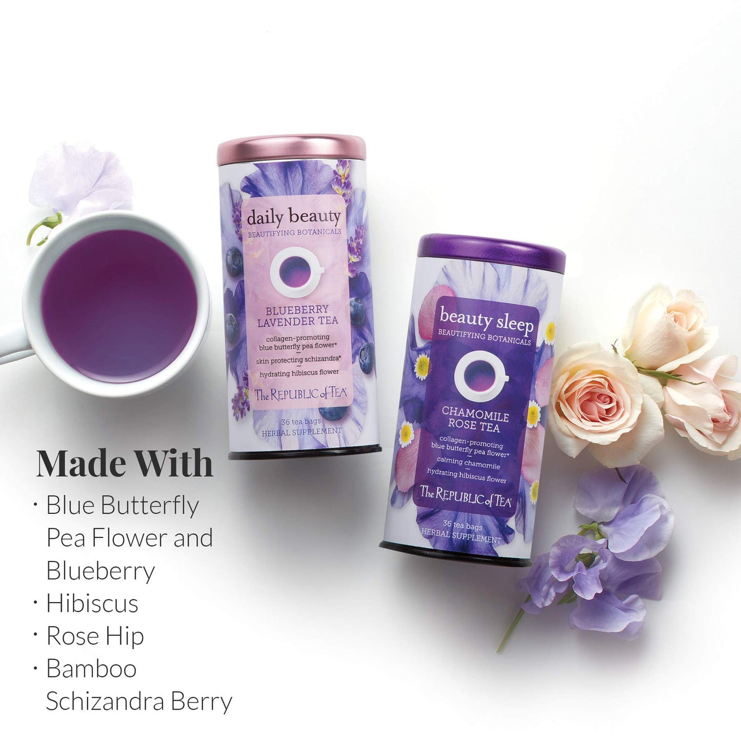 The Republic of Tea Beautifying Botanicals Daily Beauty Herbal Tea Bags, Blueberry Lavender, 36 Count, Purple