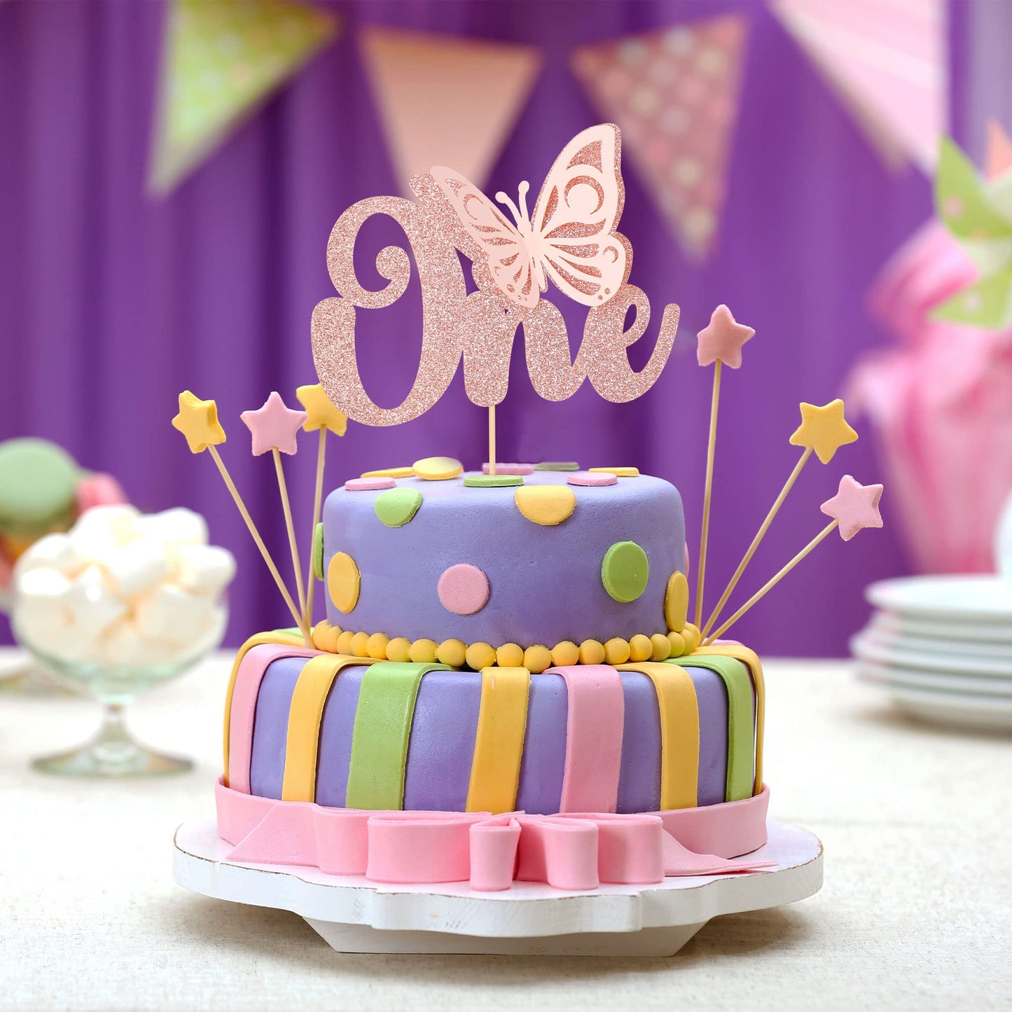 Gyufise 1Pcs Butterfly One Cake Topper Rose Gold Glitter Baby Shower Butterfly 1St Birthday Cake Pick Decorations For Butterfly