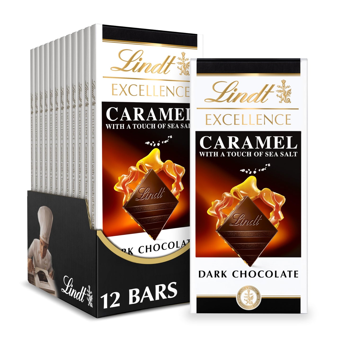 Lindt EXCELLENCE Caramel Sea Salt Dark Chocolate Bar, Dark Chocolate Candy with Pieces of Caramel and Sea Salt Crystals, 3.5 oz.