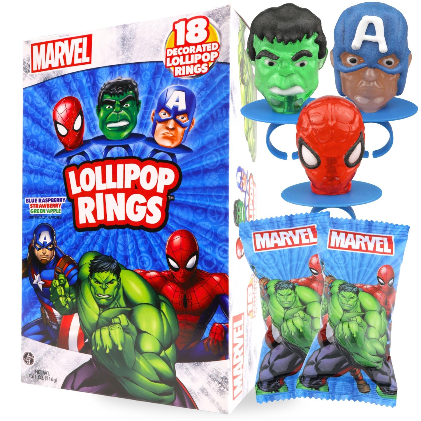 Imaginings 3 Marvel Avengers Lollipop Rings, Individually Wrapped Spiderman, Hulk, and Captain America Decorated Suckers, Birthd