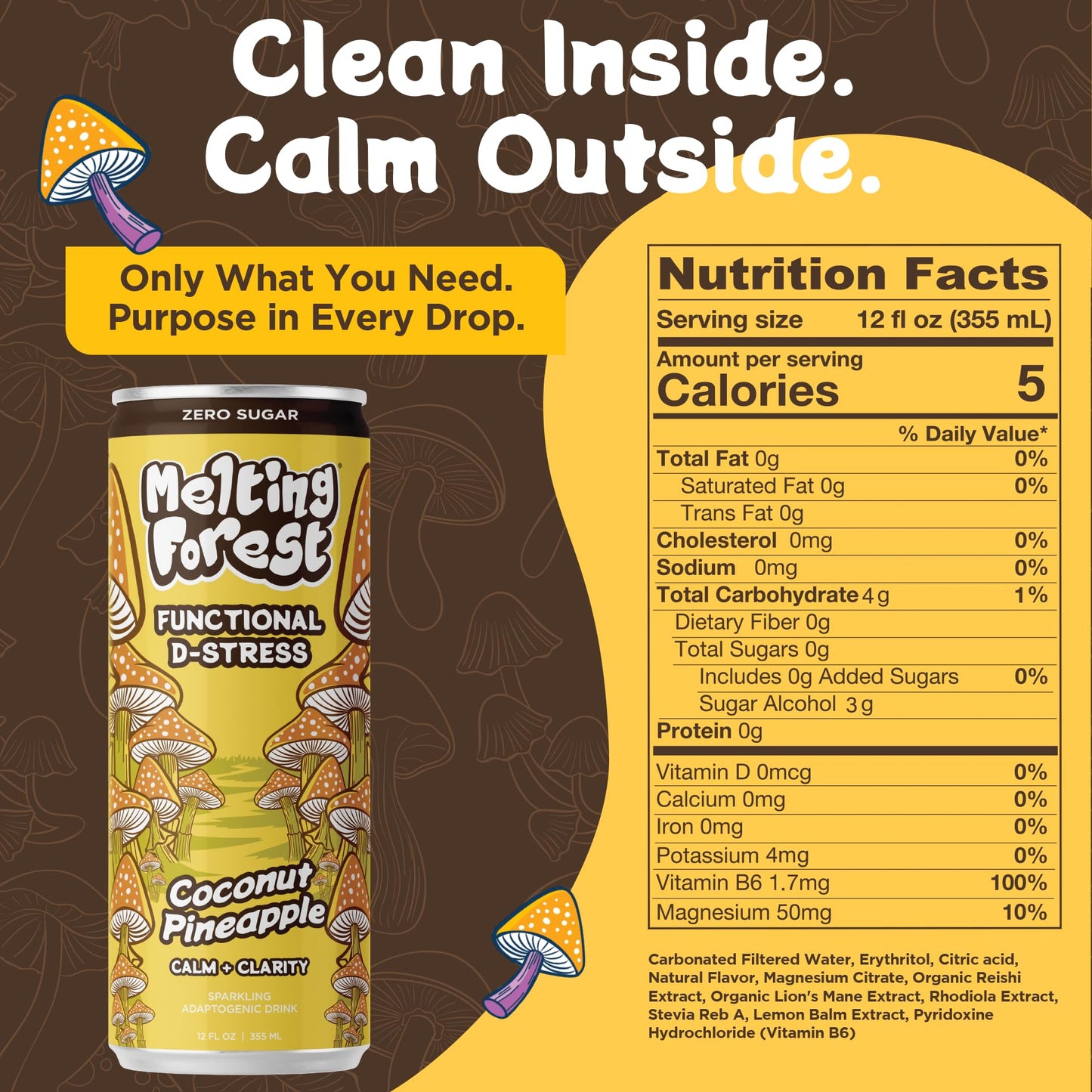 Melting Forest Mushroom D-Stress  Sparkling Adaptogen Drink with L-Theanine  Lions Mane and Vitamin B  Zero Sugar  5 Calories  Coconut Pineapple (12-Pack)