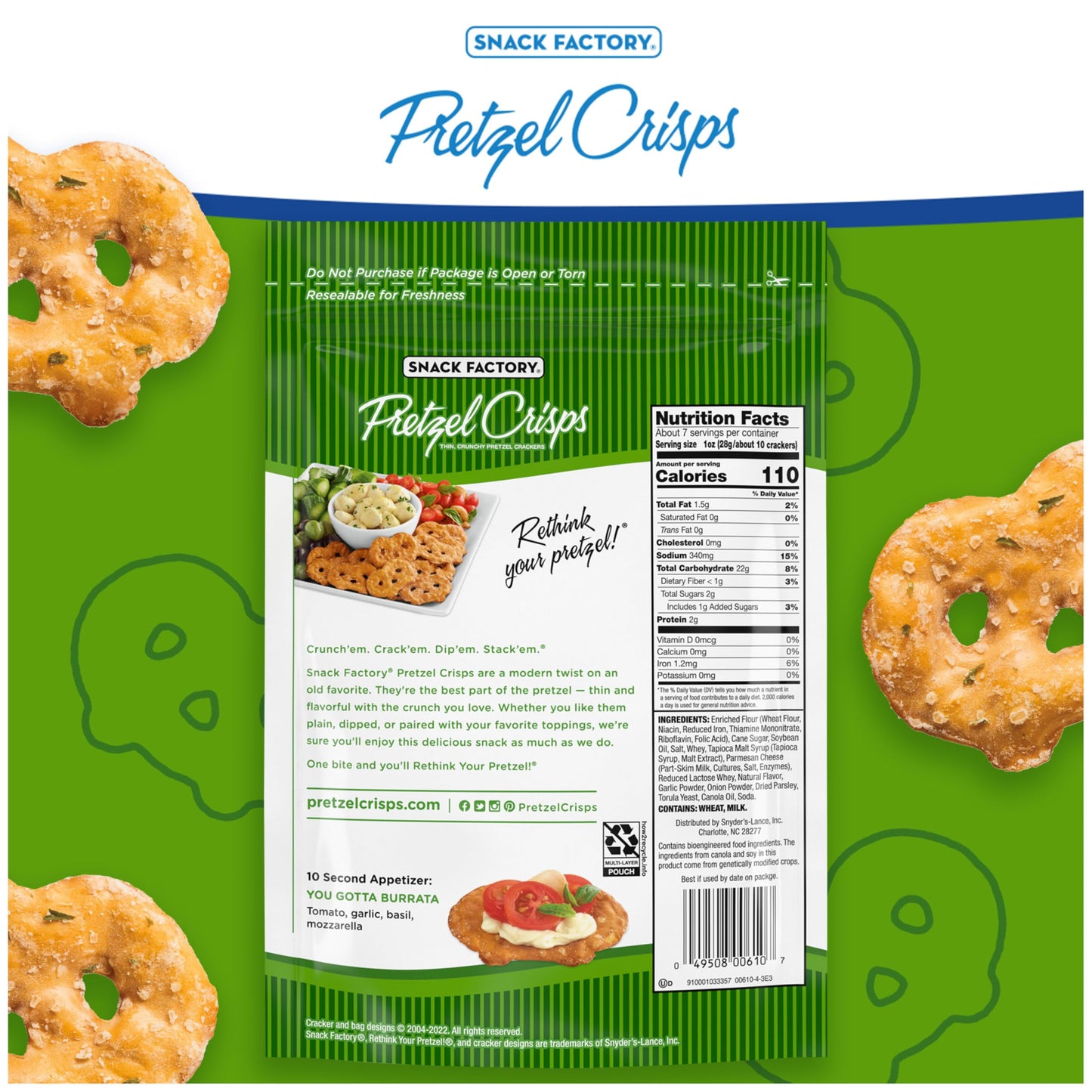 Snack Factory Garlic Parmesan Pretzel Crisps, 7.2 Oz Resealable Bag