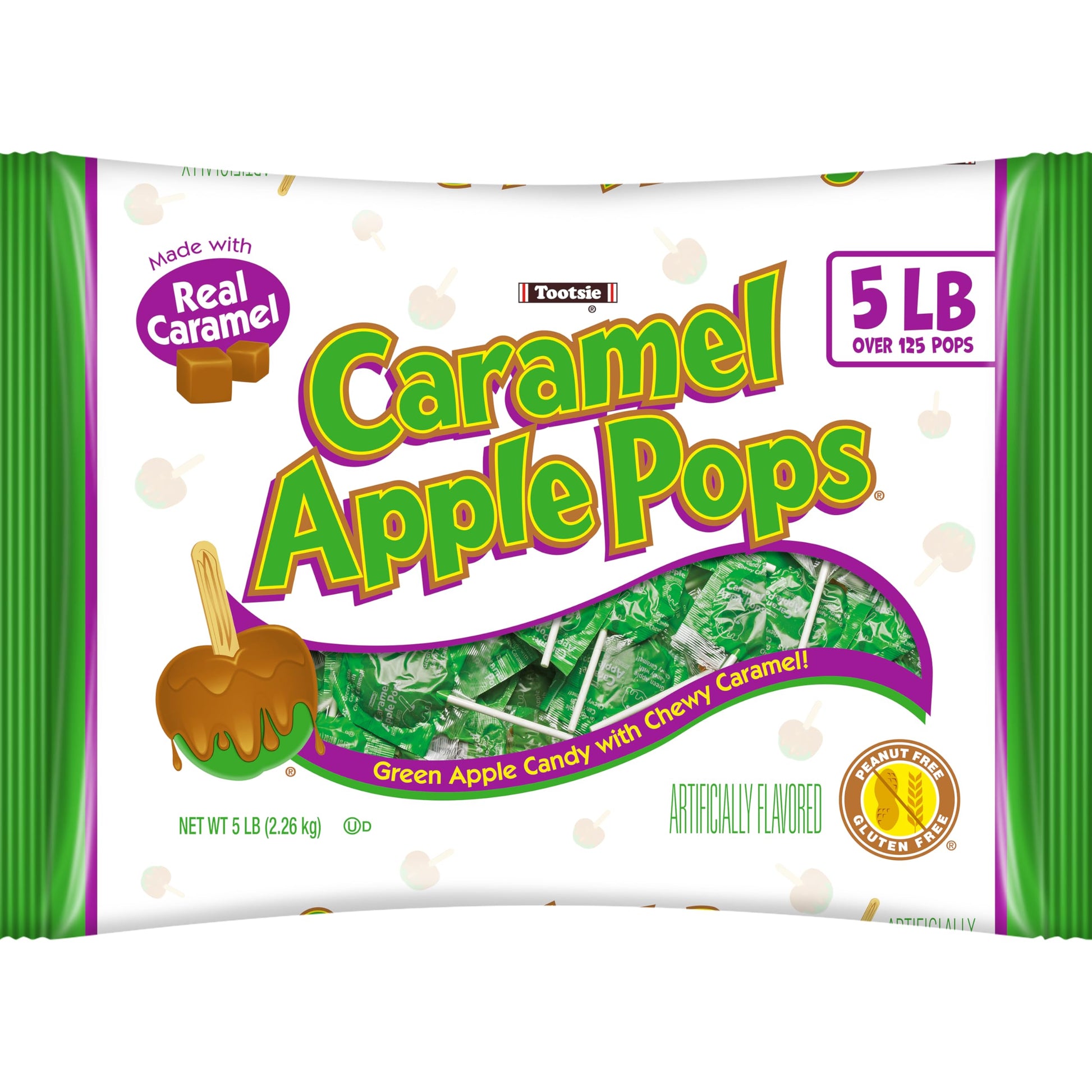 Tootsie Roll Caramel Apple Pops - Gluten Free Caramel Covered Green Apple Lollipops - 5 Pound Bag