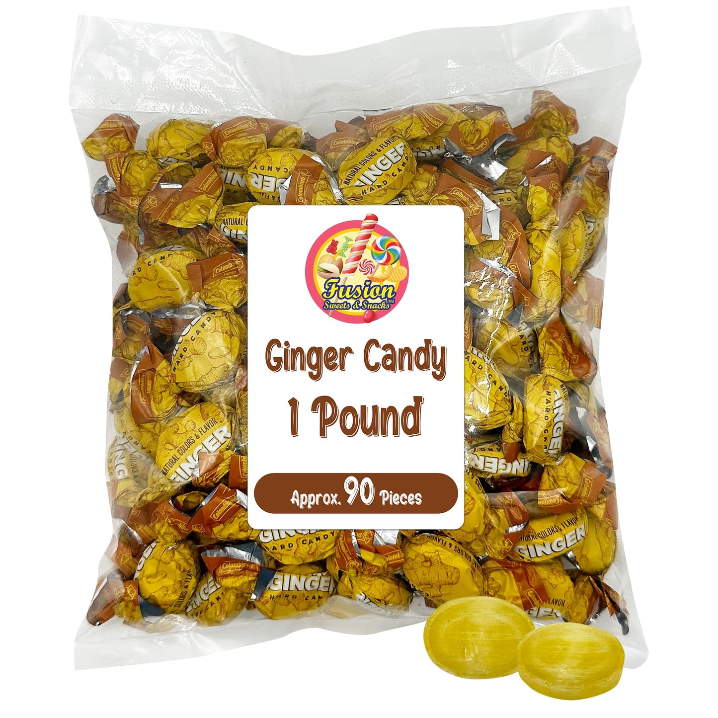 Fusion Sweets Ginger Candy - Hard Candy for Nausea Relief - 1 Pound Bag - Yellow - Individually Wrapped (Approx 90 Pieces)