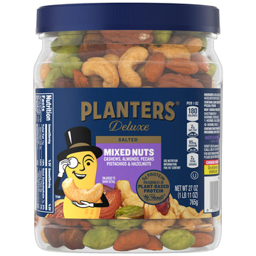 PLANTERS Deluxe Mixed Nuts, 27 oz Resealable Container, Variety Snack with Cashews, Almonds, Pecans, Pistachios, Hazelnuts