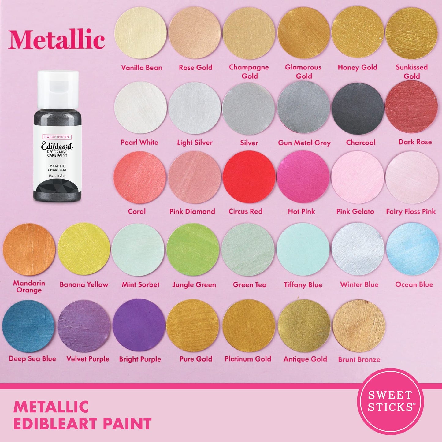SWEET STICKS Edible Art Decorative Cake Paint, Metallic Charcoal, 0.5 Fl Oz