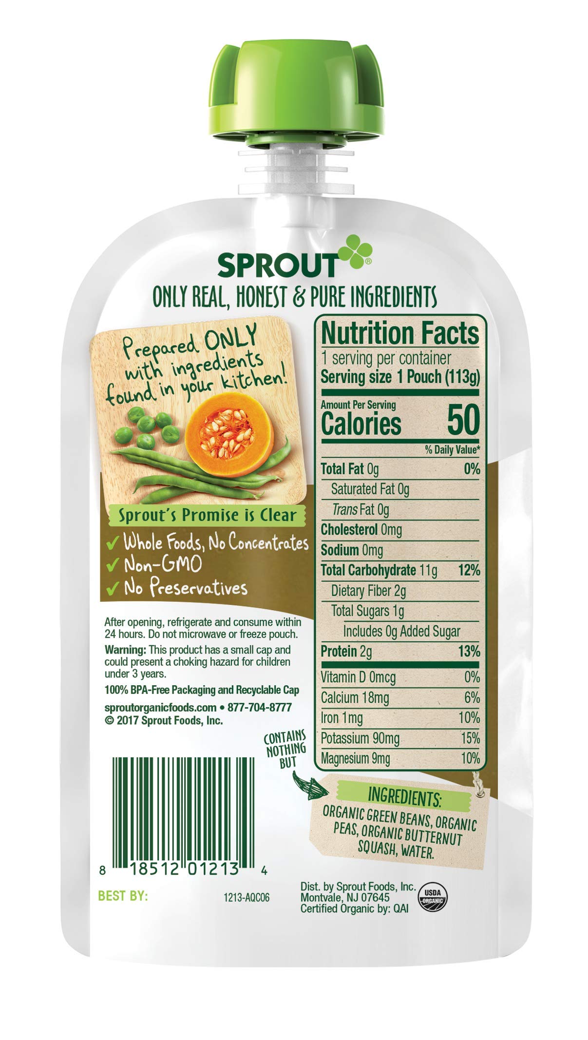 Sprout Organic Stage 2 Baby Food Pouches, Green Beans Peas Butternut Squash, 4 Ounce (Pack Of 10)