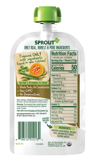 Sprout Organic Stage 2 Baby Food Pouches, Green Beans Peas Butternut Squash, 4 Ounce (Pack Of 10)
