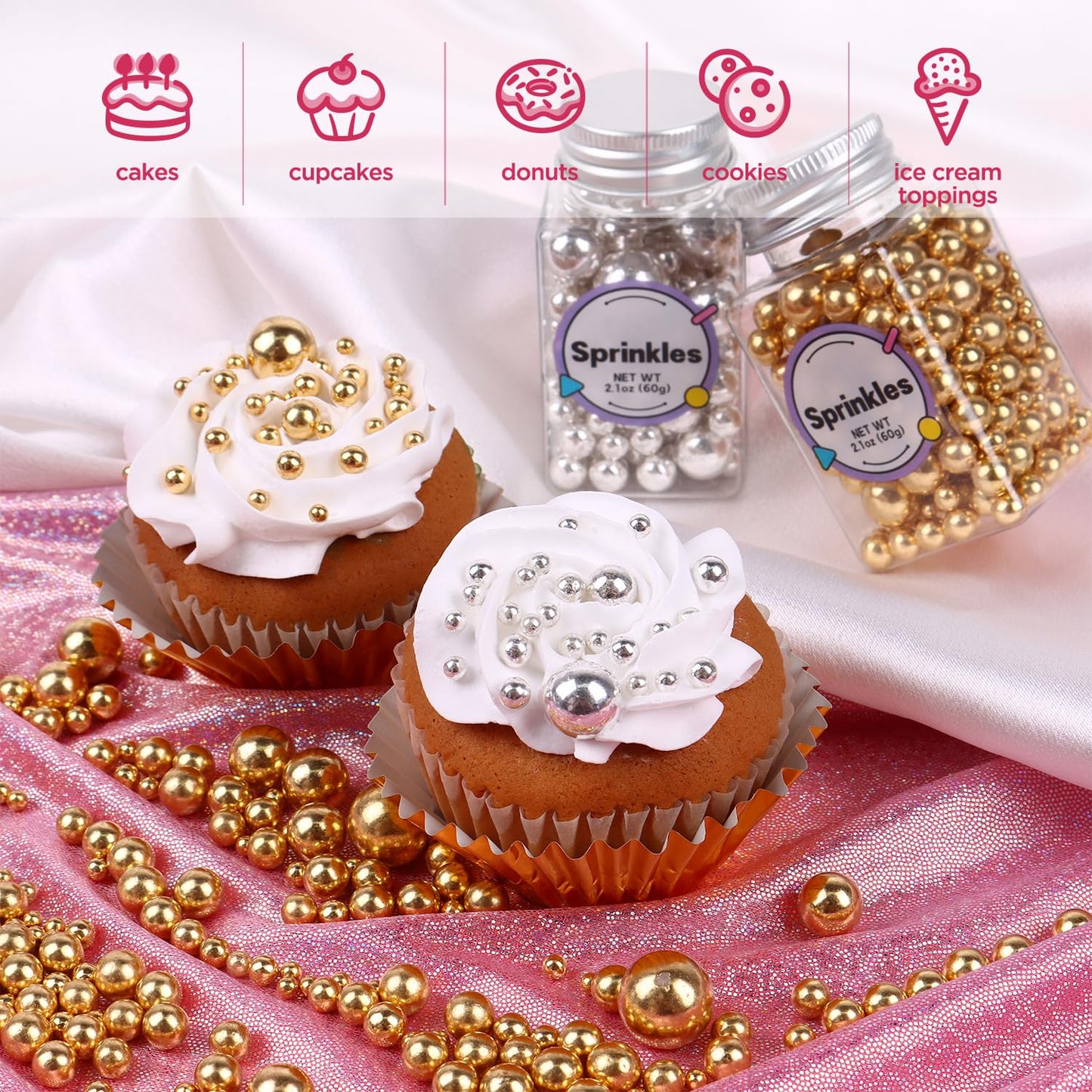 Pearl Sprinkles For Cake Decorating, Gold Pearl Sprinkles, Sliver Pearls Sprinkles, Sugar Pearls, Metallic Sprinkles Mix For Cak