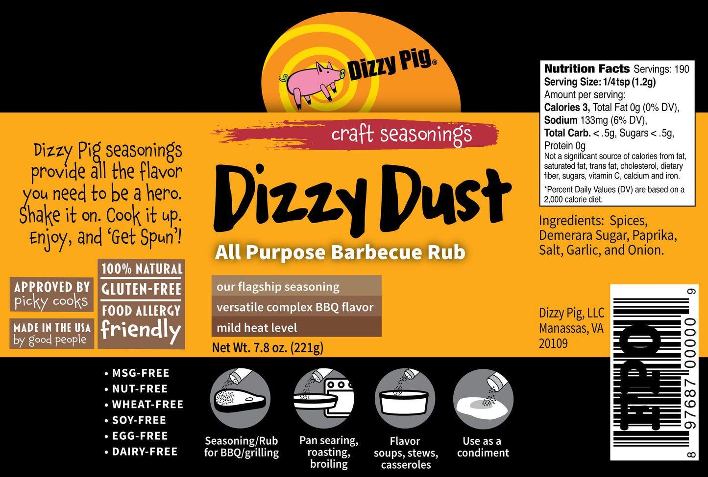 Dizzy Pig Dizzy Dust All-Purpose Barbecue Seasoning Rub (8Oz. Shaker) - Seasons 30+Lbs Of Food - Hand Made In The Usa - Msg Free, Gluten Free