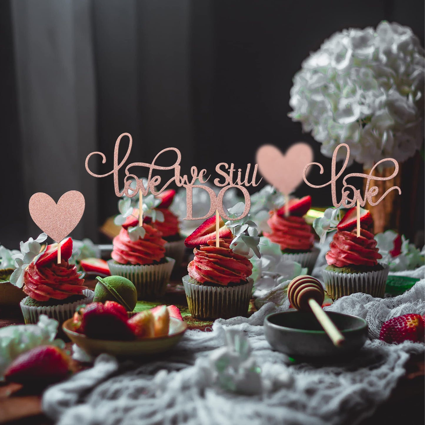 YCTHUNFISH Cupcake Toppers - 24 Pack Glitter Love Heart - Rose Gold Paper Decorations for Weddings, Anniversaries, and Birthdays