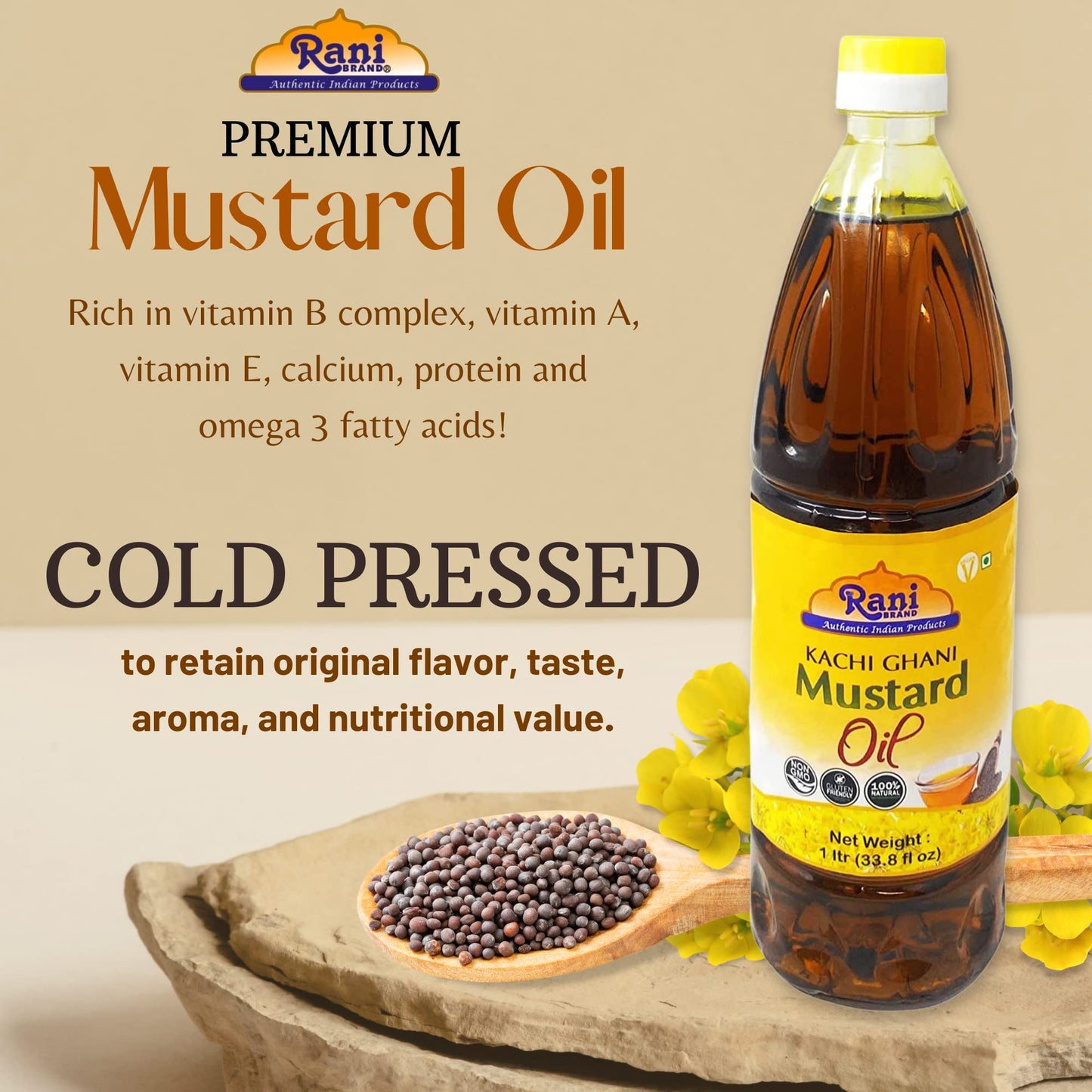 Rani Mustard Oil (Kachi Ghani) 33.8 Ounce (1 Liter) Pack Of 2, Non-Gmo | Gluten Free | Vegan | 100% Natural | Kosher