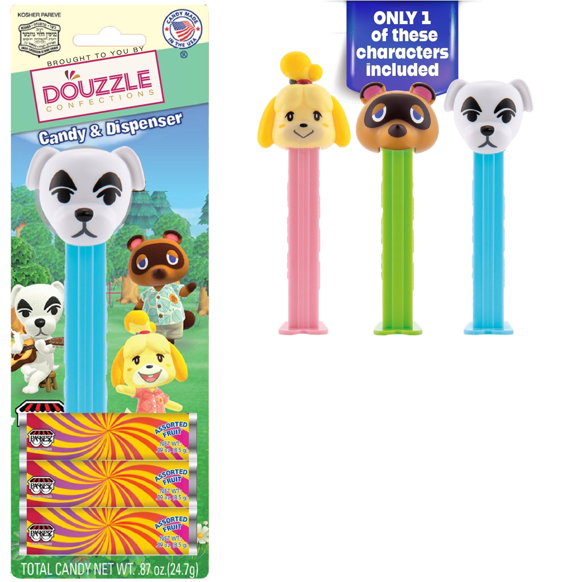 DOUzzle Kosher Pez Candy & Animal Crossing Dispenser + 3 Assorted Fruit Refills (Pack of 1) Gluten Free, Kosher Parve, USA Made