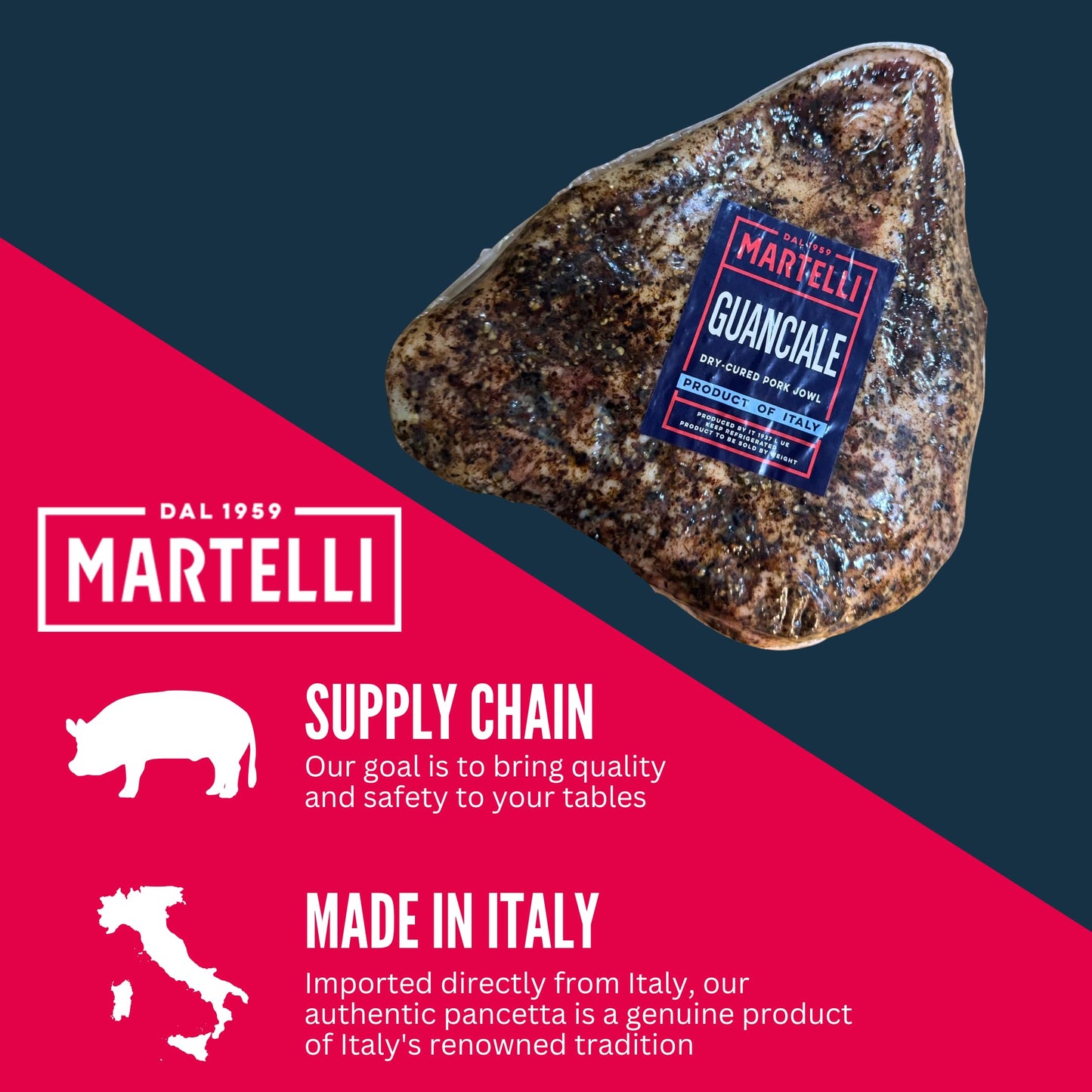 Guanciale from Italy (approx. 4 lbs) - Italian Dry Cured Pork Jowl  MARTELLI - Gluten-Free  Dairy-Free  Lightly Smoked & Aged - Product of Italy