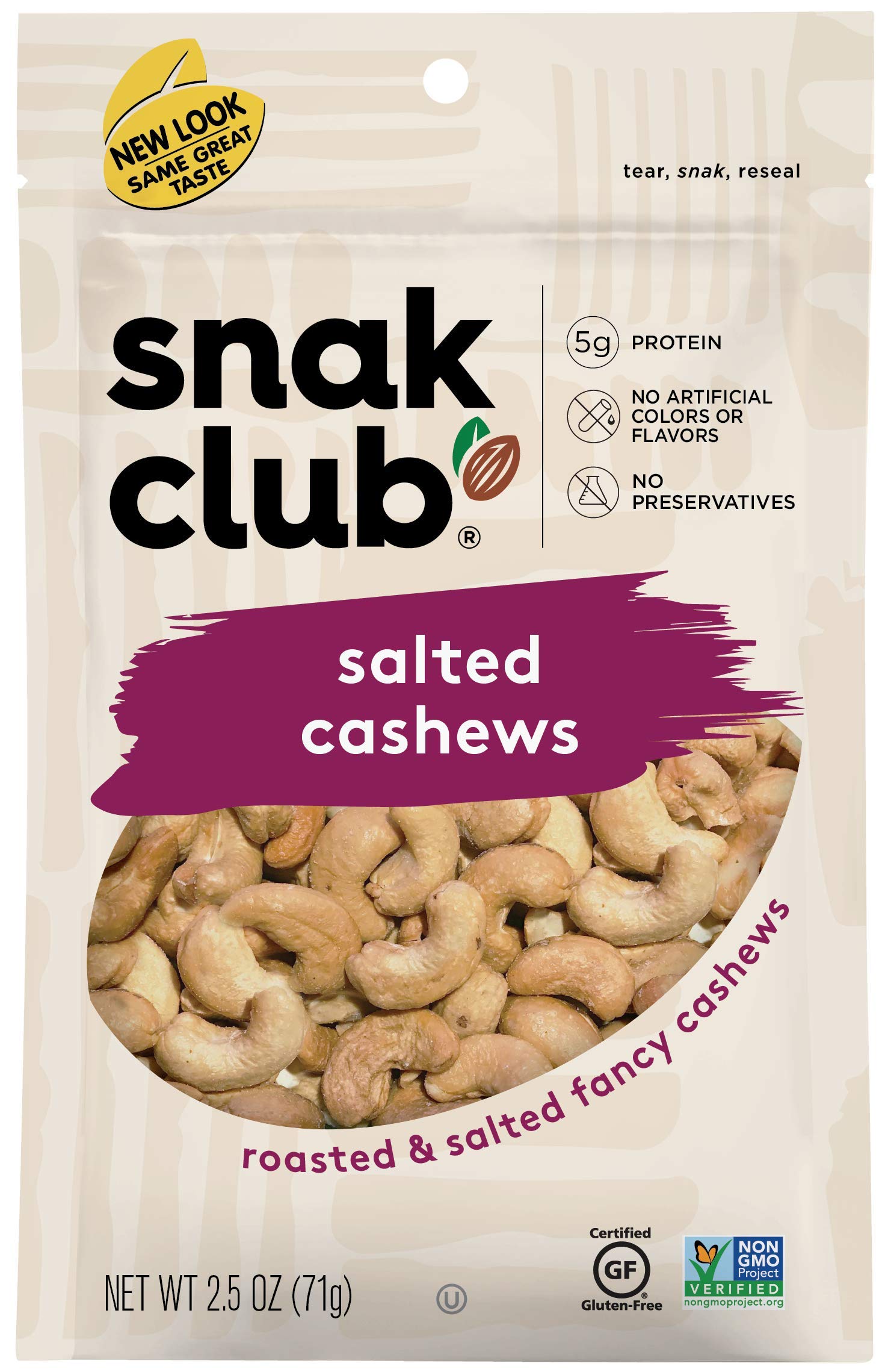 Snak Club Roasted & Salted Cashews, 2.5 Ounce (Pack of 6)