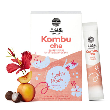 Osulloc Kombucha Tea Lycheepeach (Lychee & Peach Blending), Sparkling Powdered Mix Beverage, No Added Sugar, 10 Sticks, 1.76Oz
