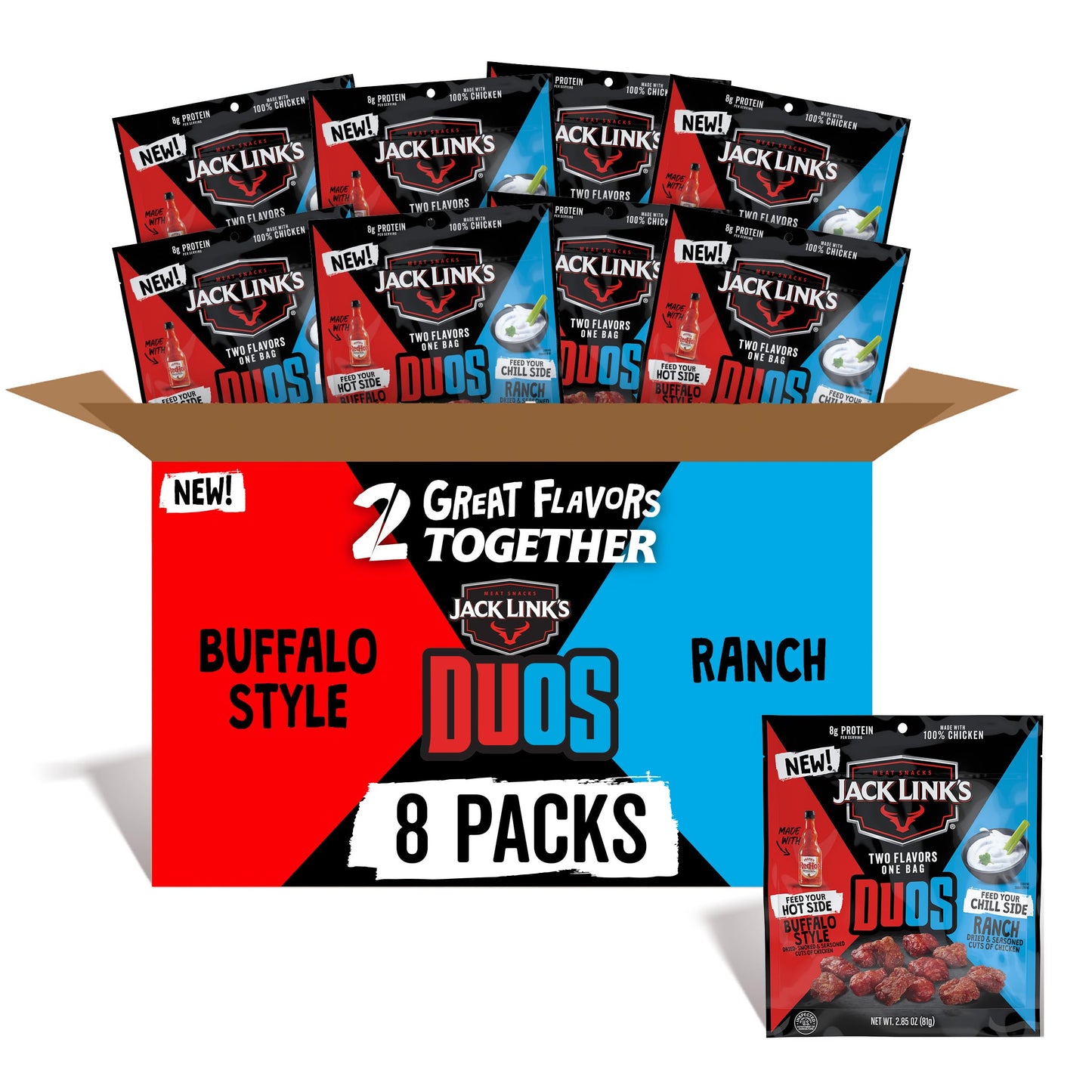 Jack Link's DUOs Frank's RedHot Buffalo Style With Creamy Ranch Flavor Chicken Bites, Under 100 Calories Snacks, 8g of Protein, 