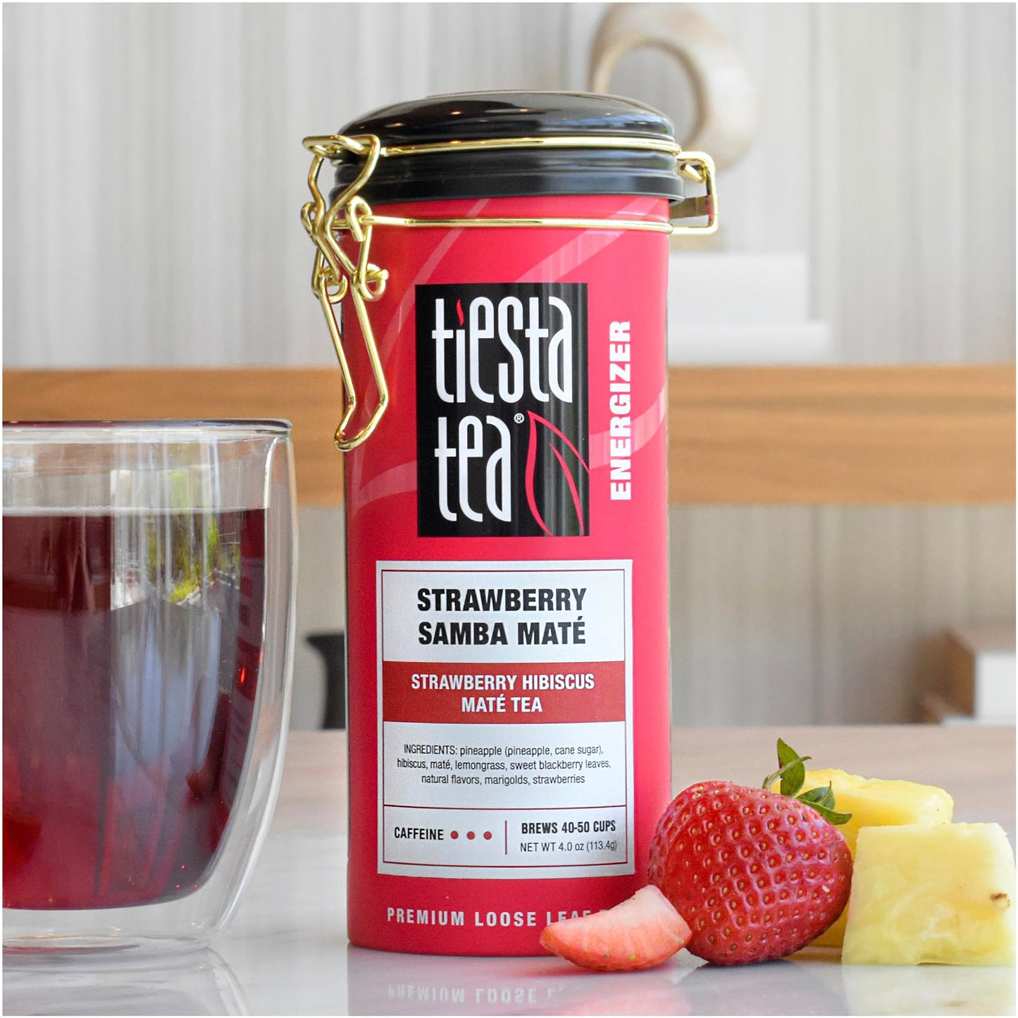 Tiesta Tea Strawberry Samba Mate - High Caffeinated Loose Leaf Tea, 4 oz Tin - Makes Hot or Iced, Up to 50 Cups
