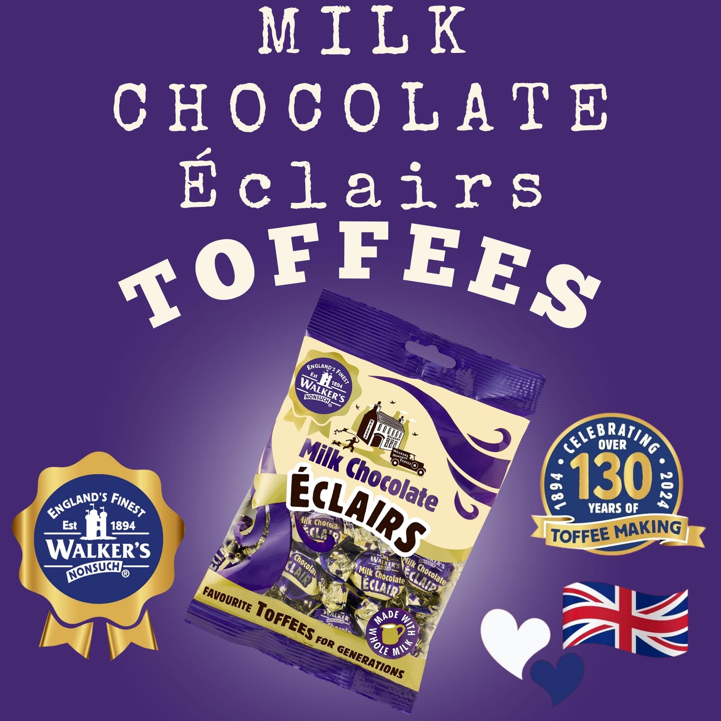 Walkers Nonsuch Milk Chocolate Eclairs 5.29 Oz (Pack Of 2) - Traditional British Chewy Butter Toffee Candy, Classic English Creamy Toffee Sweets, Imported Uk Chocolates Gourmet Gift