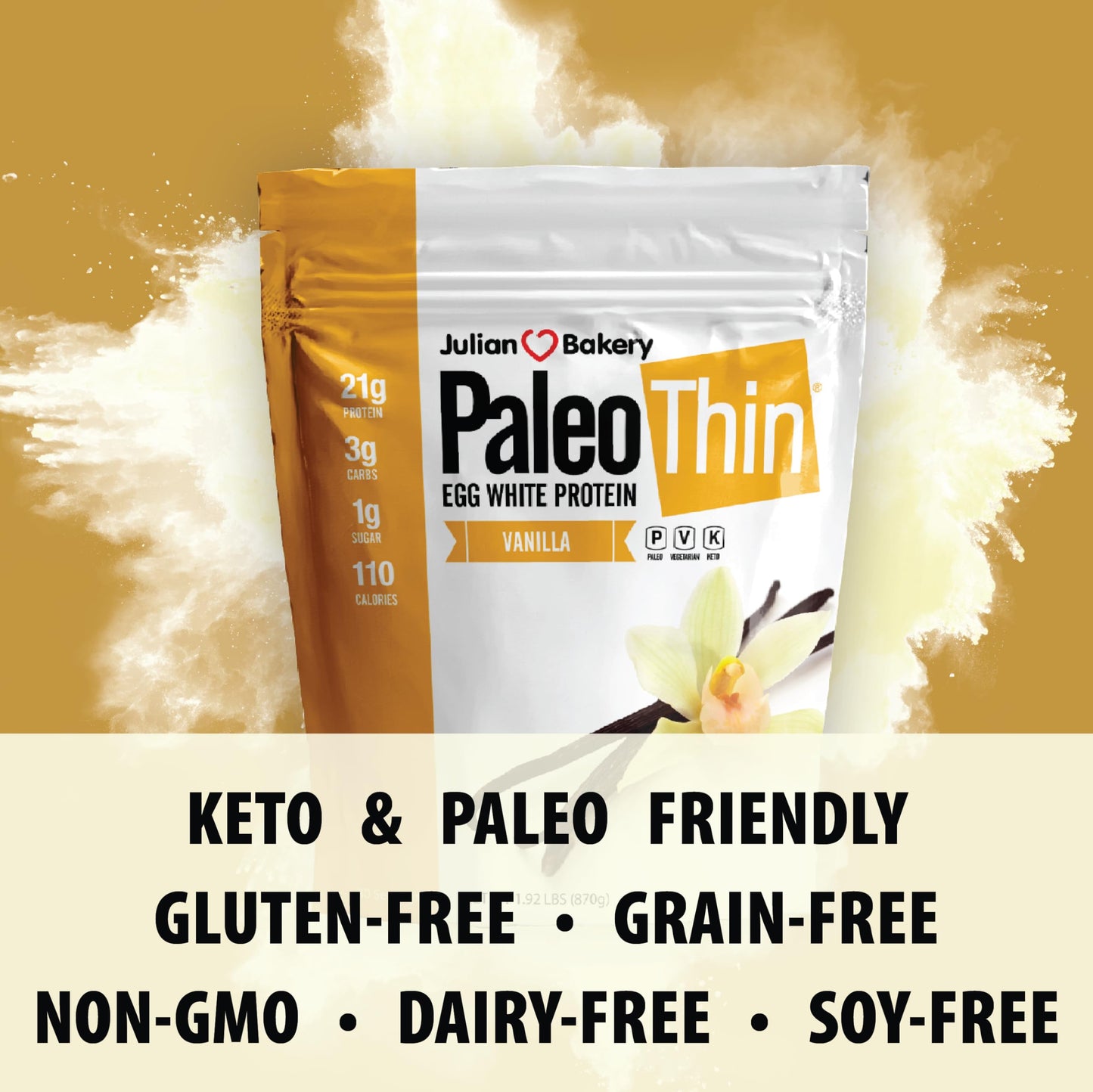Julian Bakery Paleo Thin Protein Powder | Vanilla | Egg White | 21g Protein | 3 Net Carbs | Soy-Free | 1.92 LBS | 30 Servings