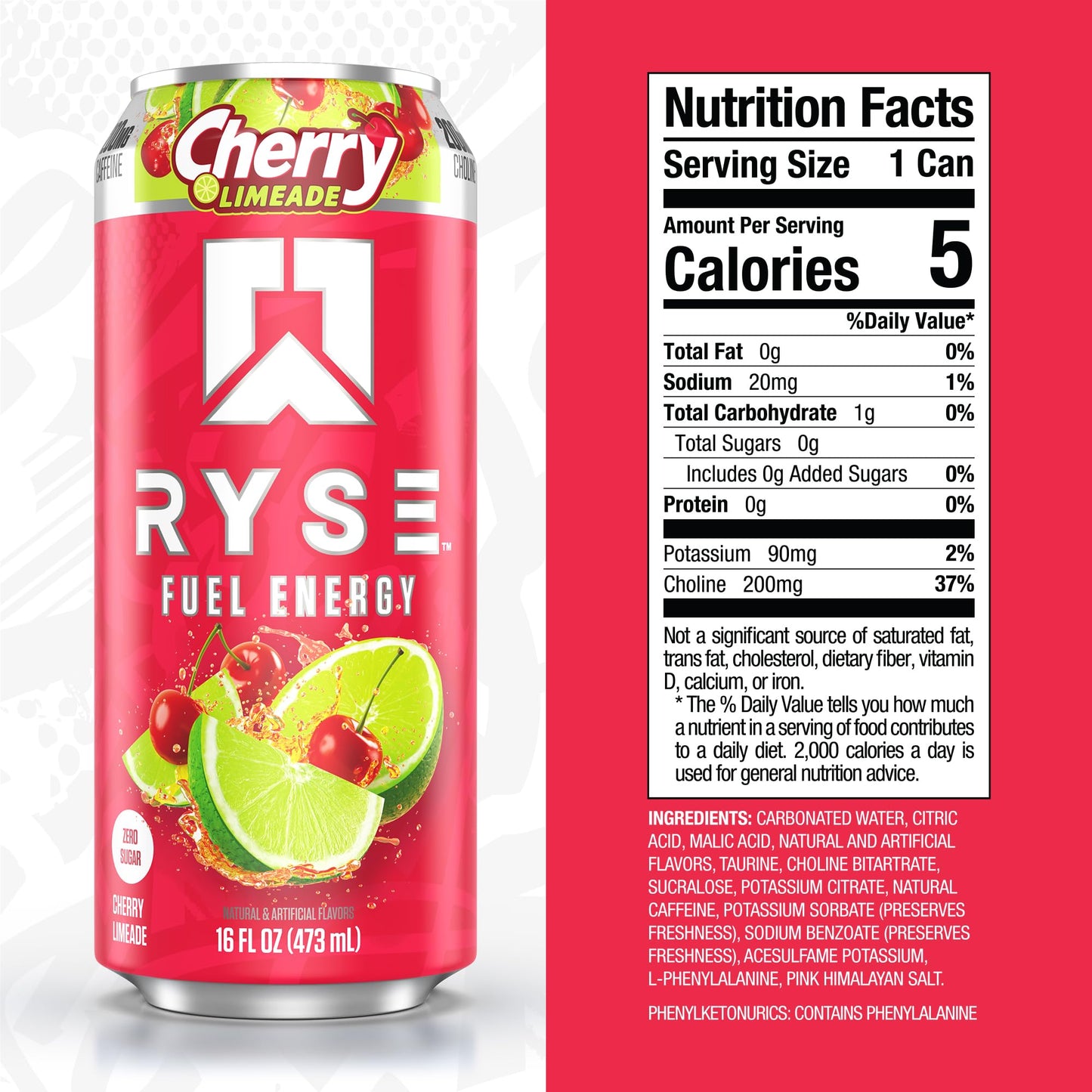 RYSE Fuel Energy Drink - Cherry Limeade - Sugar Free, Vegan - 200mg Caffeine - 16 fl oz Cans (12-Pack)