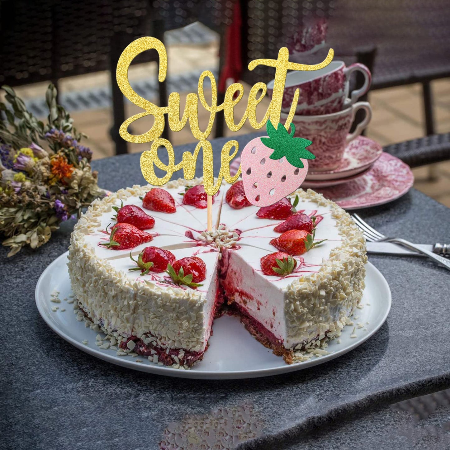 1 Pcs Strawberry Sweet One Cake Topper Glitter First Birthday Strawberry Cake Pick For Sweet Fruit Theme Baby Shower Kids Birthd