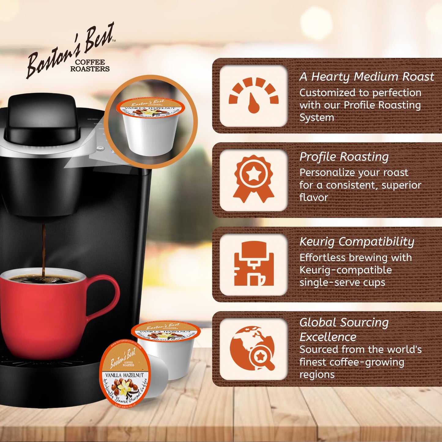 Bostons Best Vanilla Hazelnut Medium Roast Coffee, 42 Single Serve Cups, Compatible with Keurig Coffee Maker